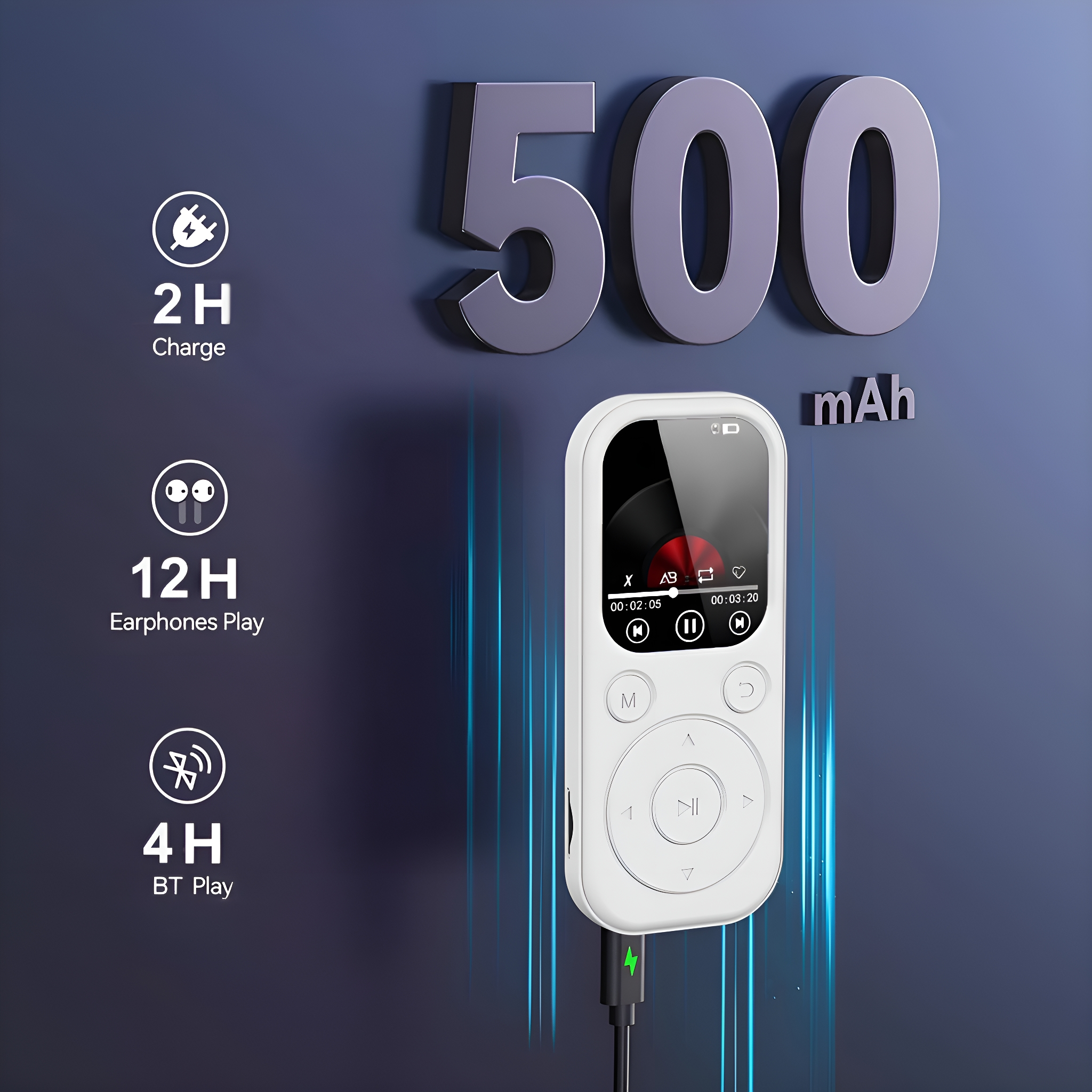 Ein weißer tragbarer Musikplayer mit Bildschirm. Er zeigt Wiedergabesteuerungen und eine Batteriestandsanzeige. Oben die Zahl 500.
