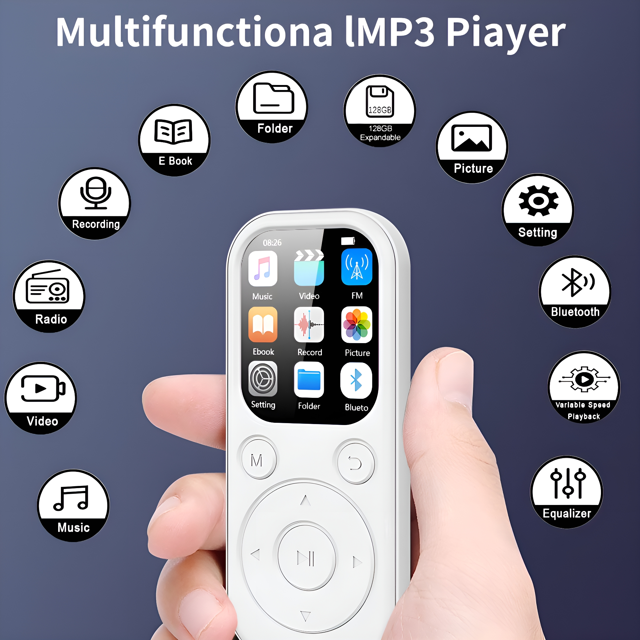 Weißer MP3-Player mit Symbolen und einer Hand, die ihn hält. Umgeben von Funktionssymbolen.