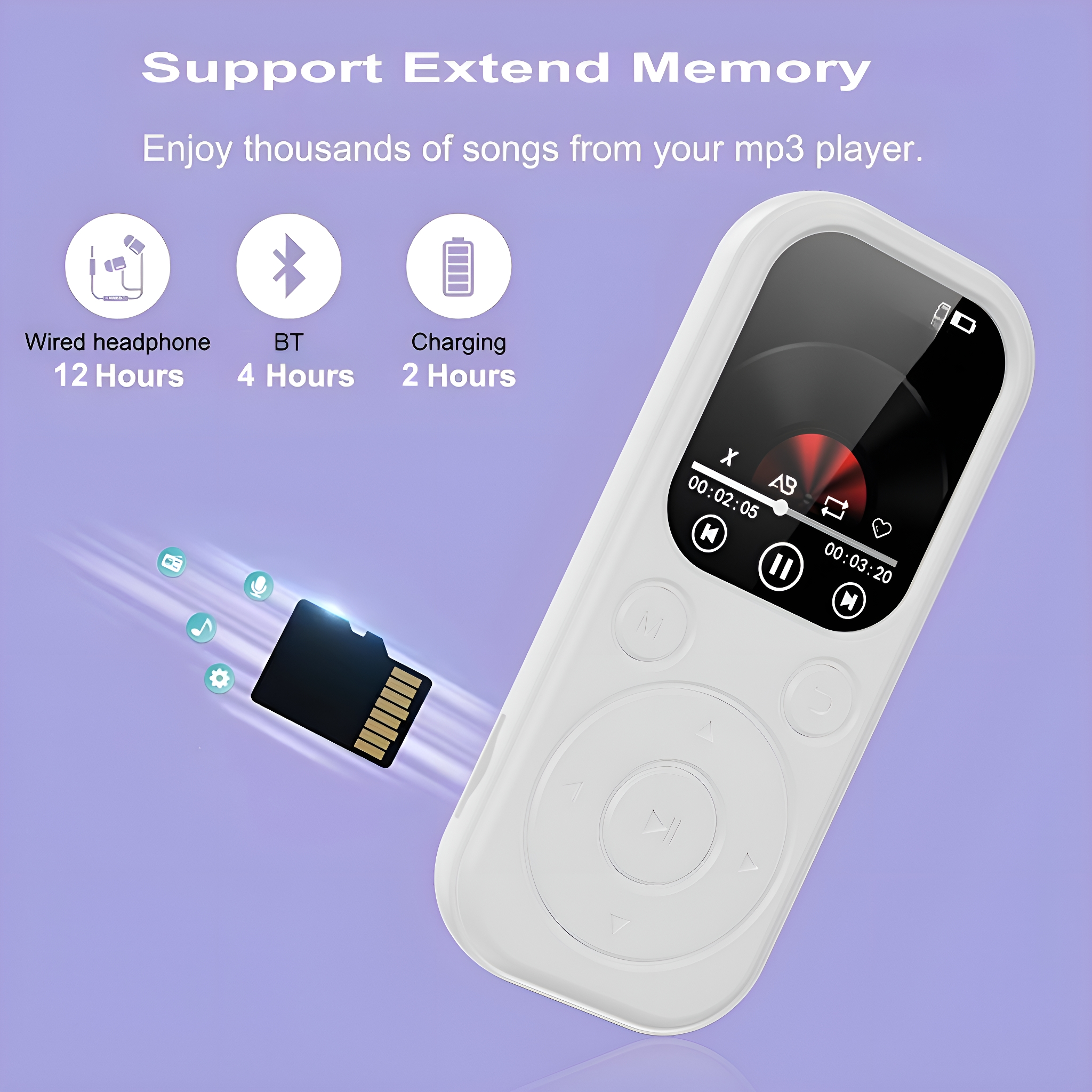 Ein weißer MP3-Player mit Bildschirm, microSD-Karte und Kopfhörern.