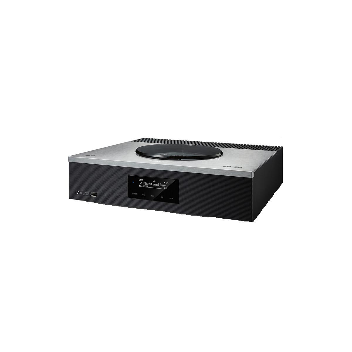 Ein schwarzes und silbernes Hi-Fi-Stereosystem mit Plattenspieler oben. Es hat einen Bildschirm und schwarze Knöpfe.