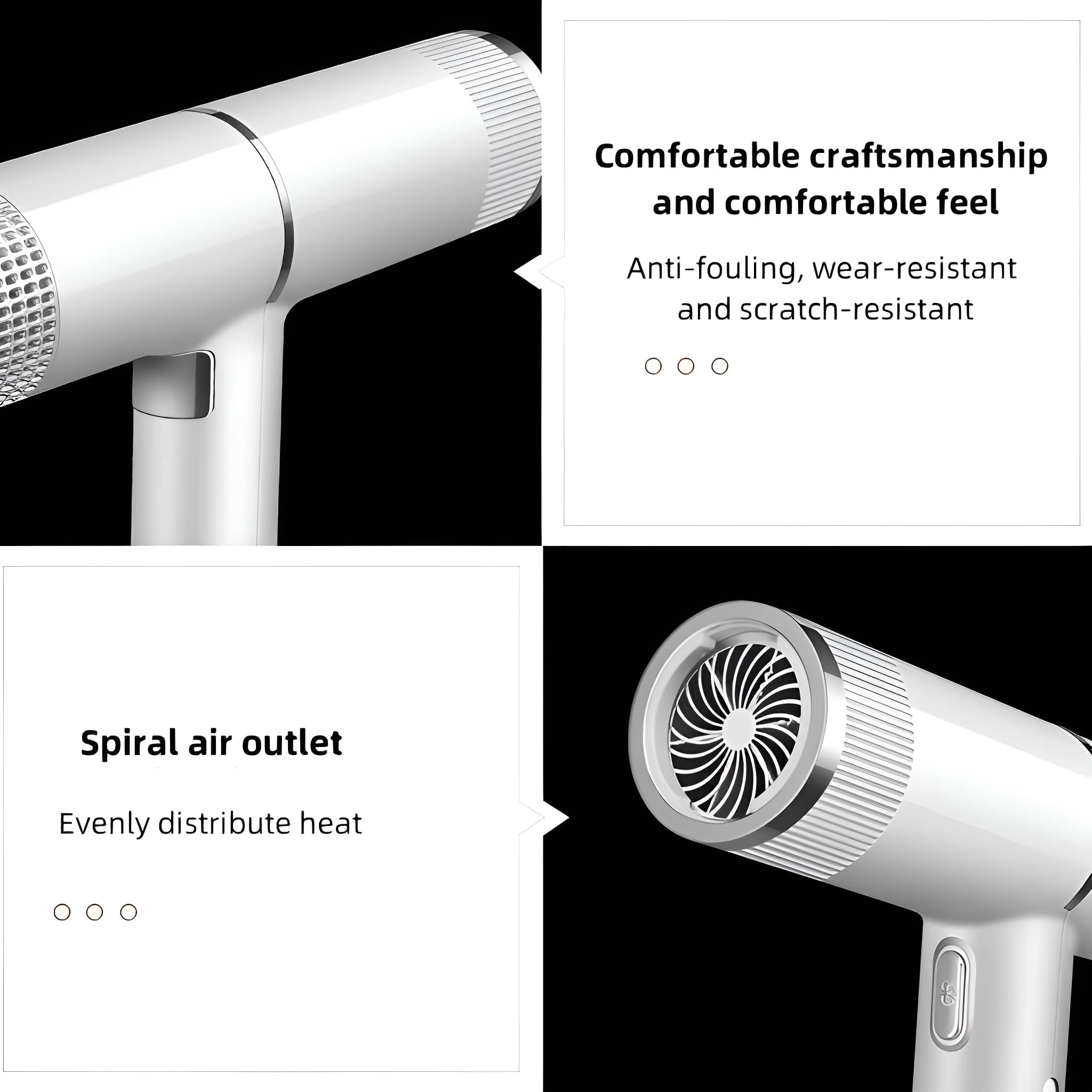 Nahaufnahme eines weißen Haartrockners mit Text, der seine Funktionen beschreibt: Spiralluftauslass usw.