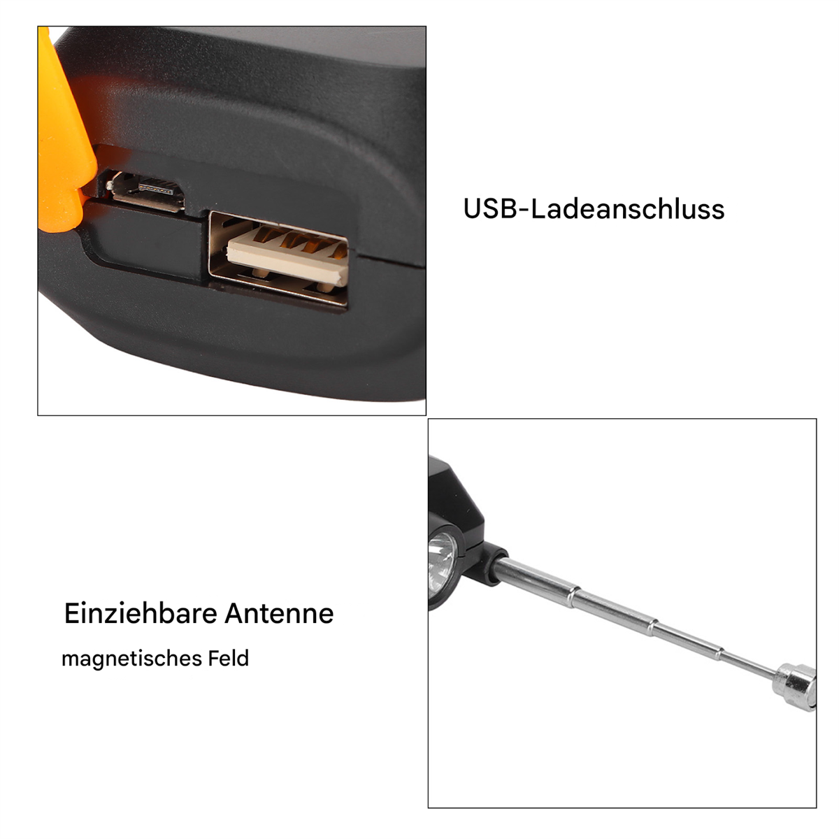 Nahaufnahme eines USB-Ladeanschlusses und einer Antenne an einem schwarzen Gerät.