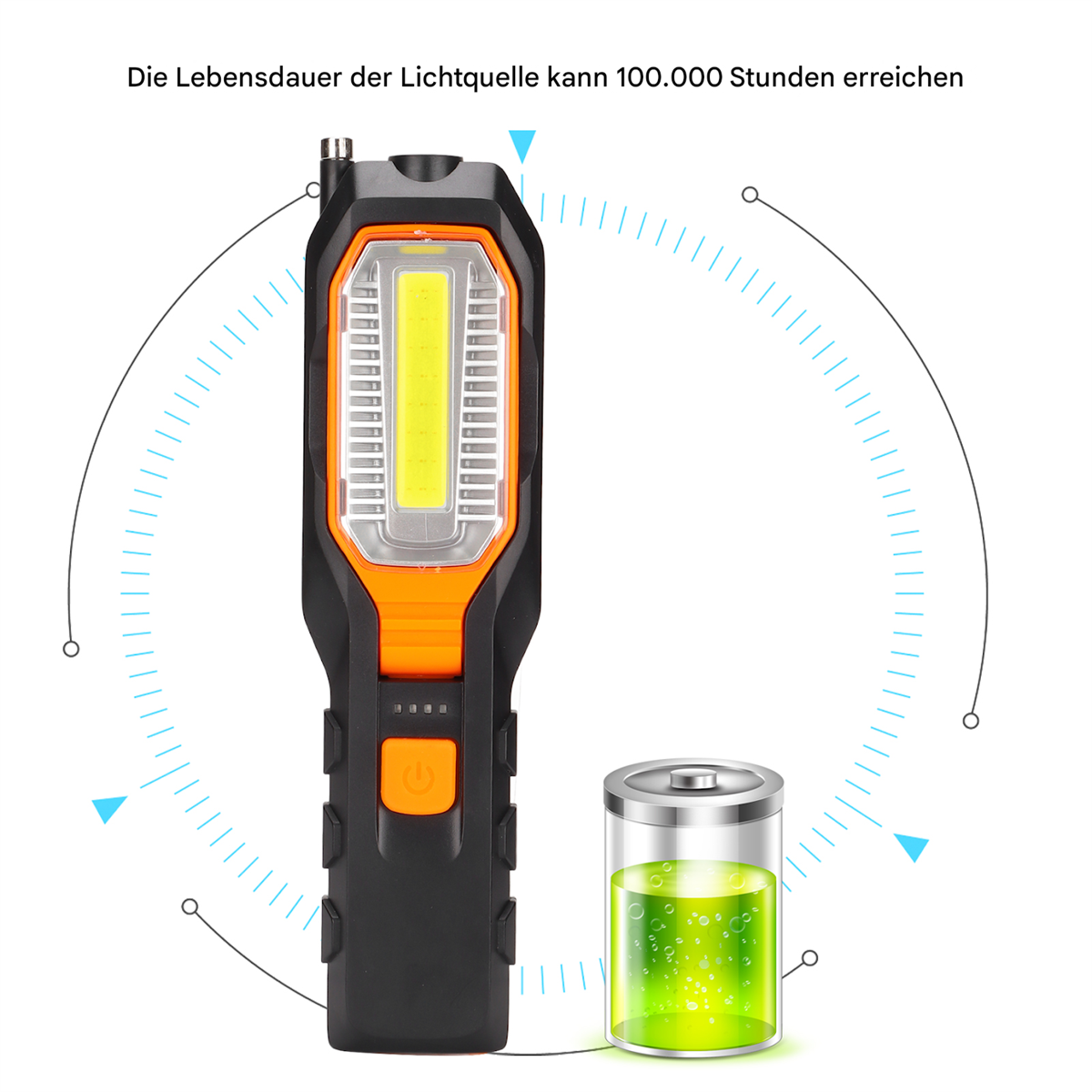 Schwarz-orange Taschenlampe mit Batterie daneben. Text: Lichtquelle hält 100.000 Stunden.