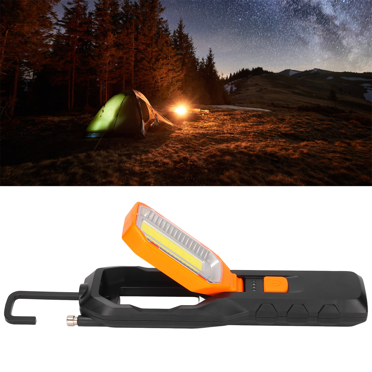 Nachtcamping-Szene mit Zelt und einer Taschenlampe im Vordergrund.