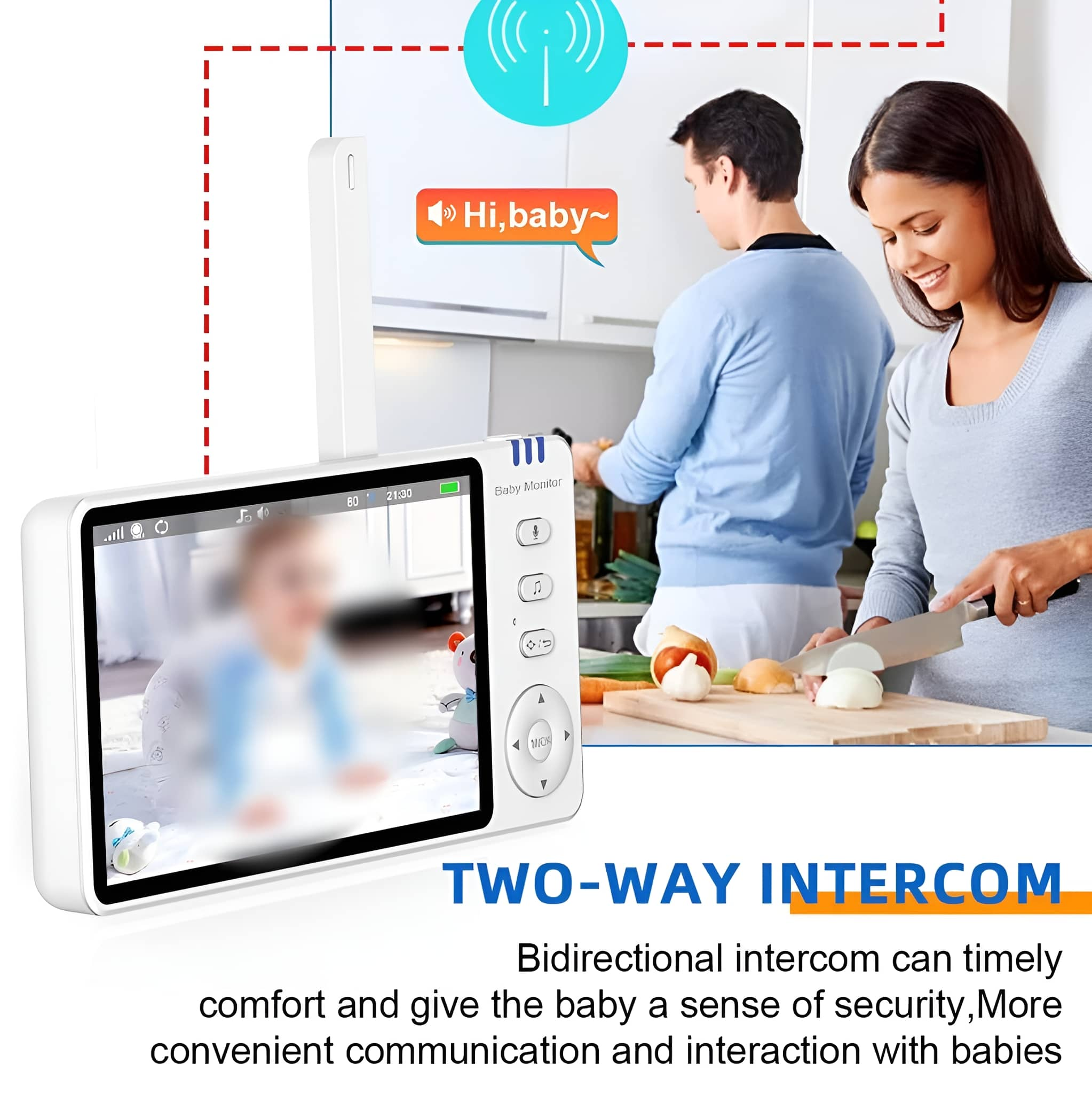 Babyphone mit Baby und Eltern. Zwei-Wege-Intercom-Funktion wird im Text hervorgehoben.