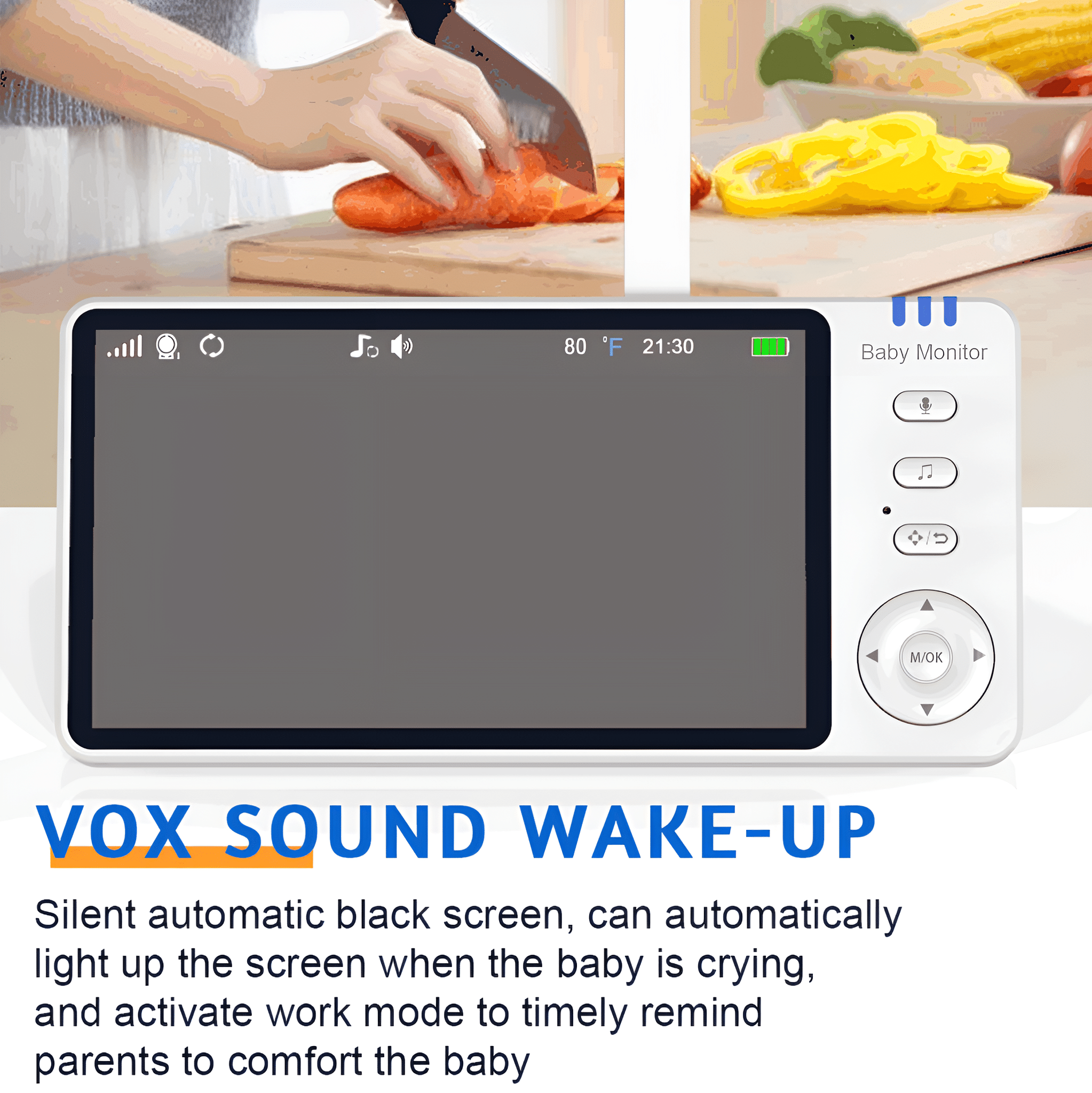Ein Babyphone-Bildschirm mit leerem Bildschirm, einigen Symbolen und Text.