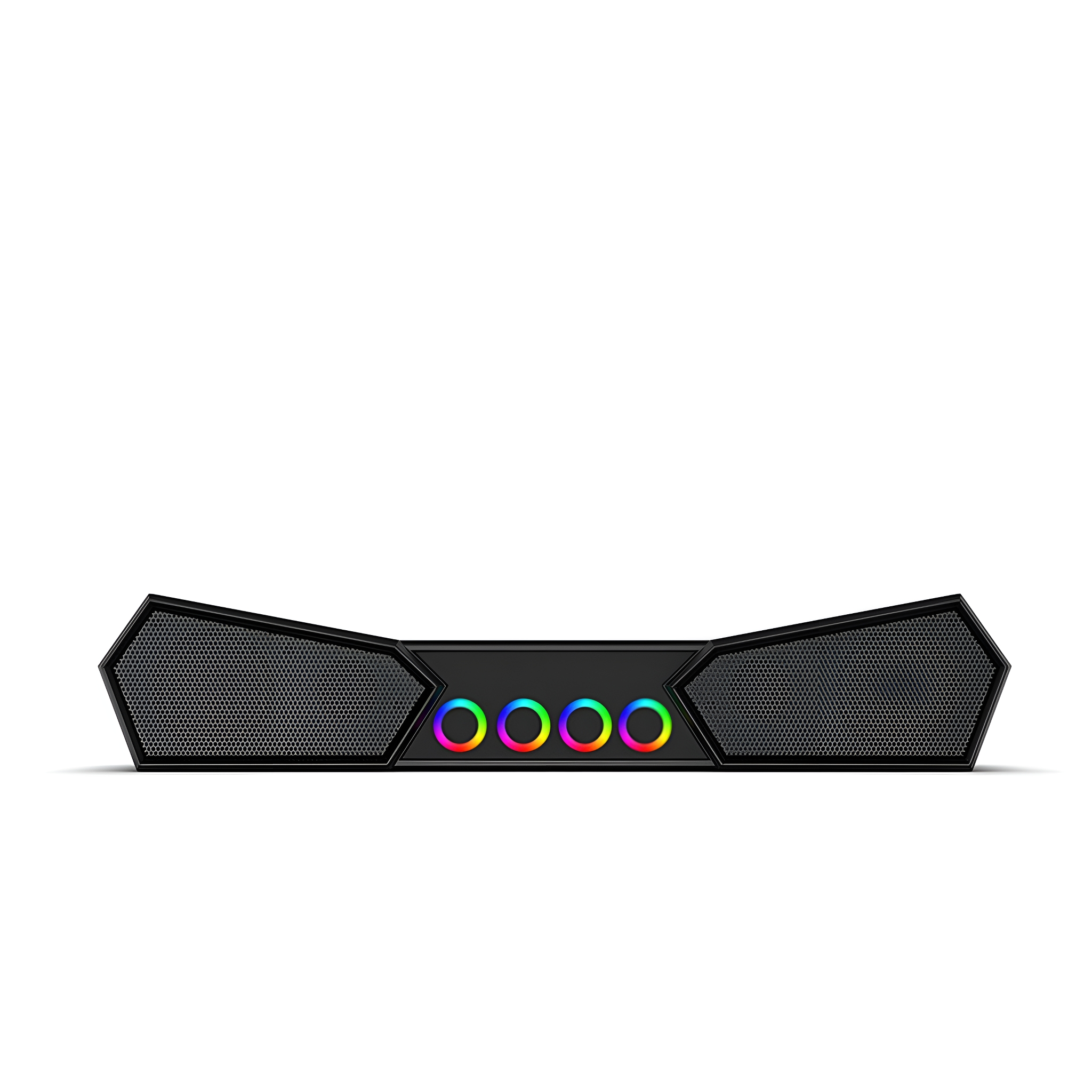 Ein schwarzer Lautsprecher mit RGB-Beleuchtung. Er hat eine Gitterfront und einen weißen Hintergrund.