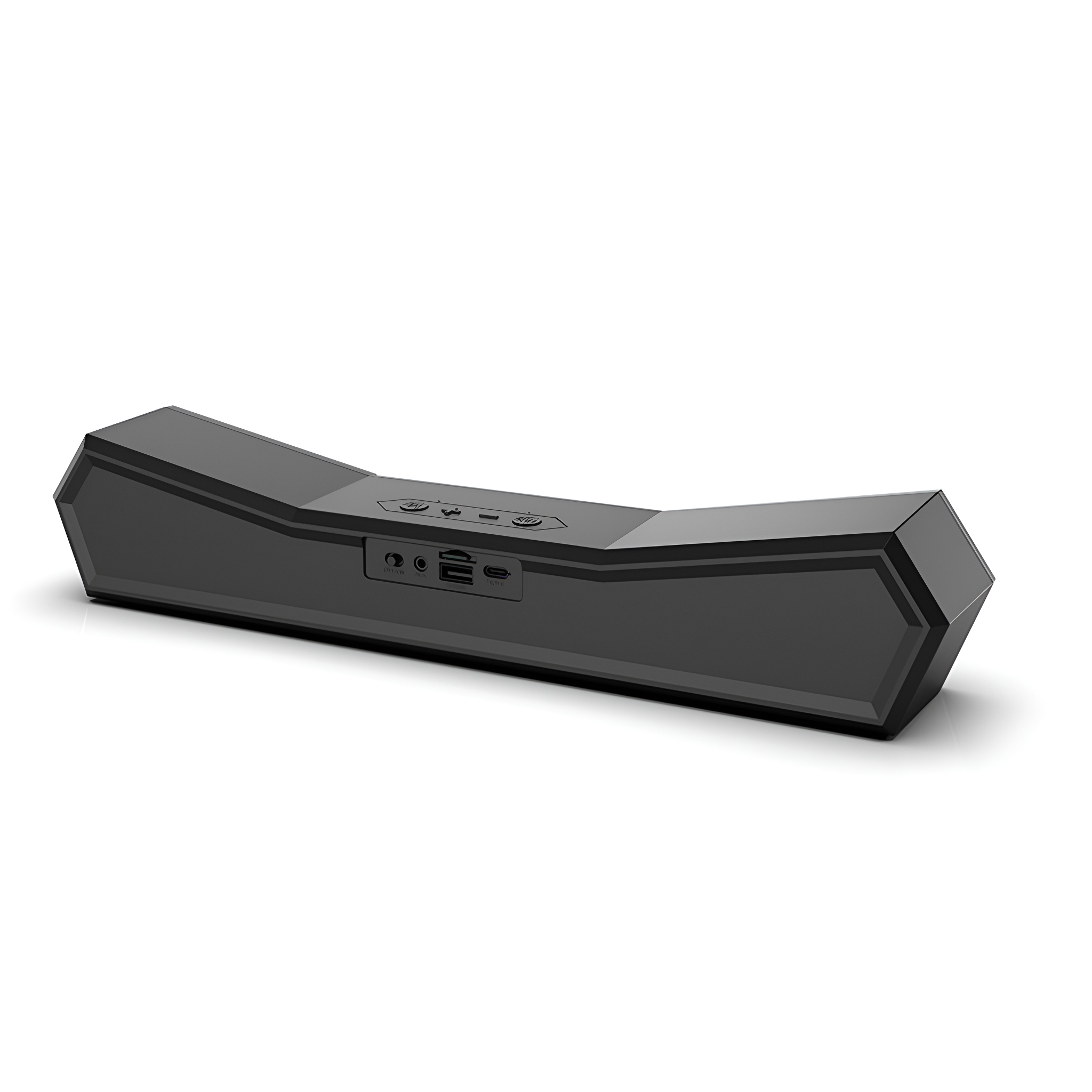 Schwarze Soundbar auf weißem Hintergrund. Sie hat mehrere Anschlüsse und Tasten.