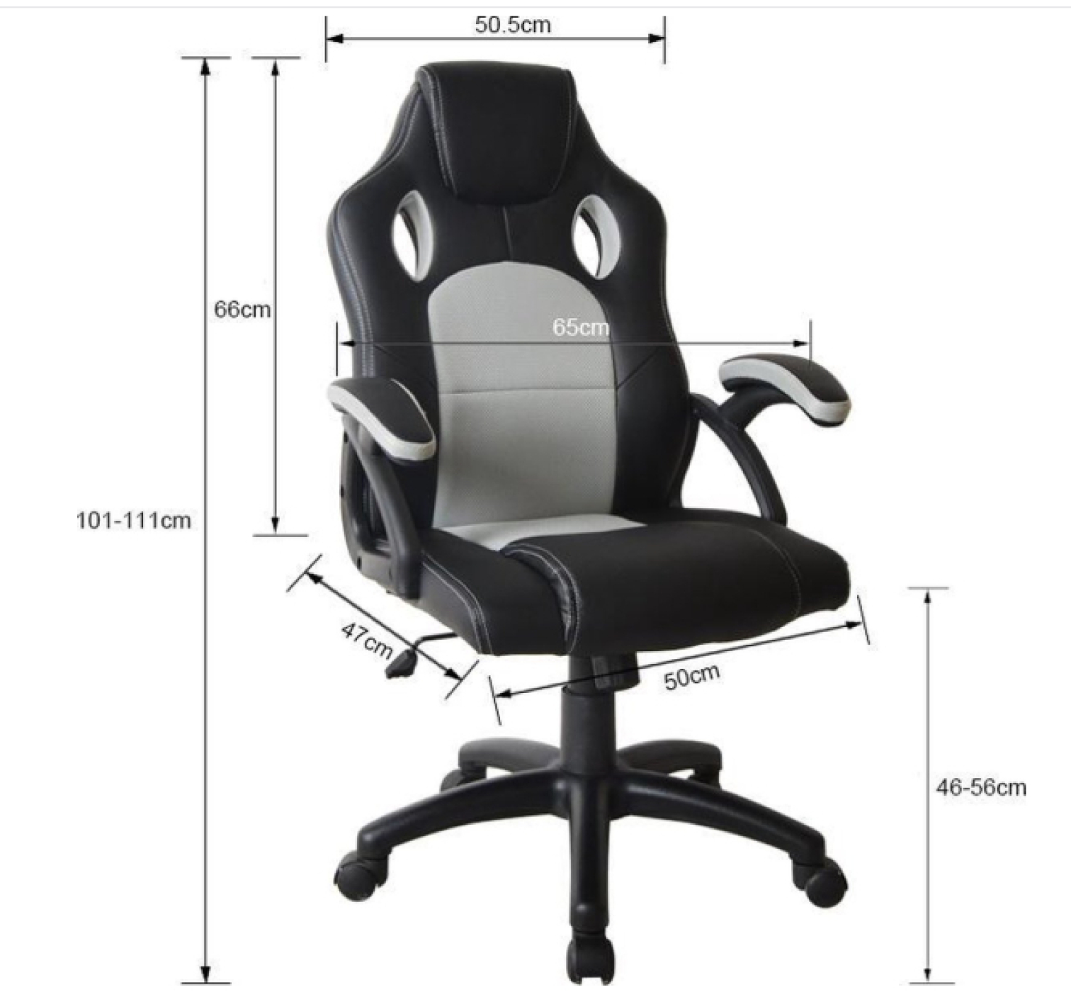 Schwarzer und grauer Gaming-Stuhl mit Armlehnen, Maße beschriftet, auf weißem Hintergrund.