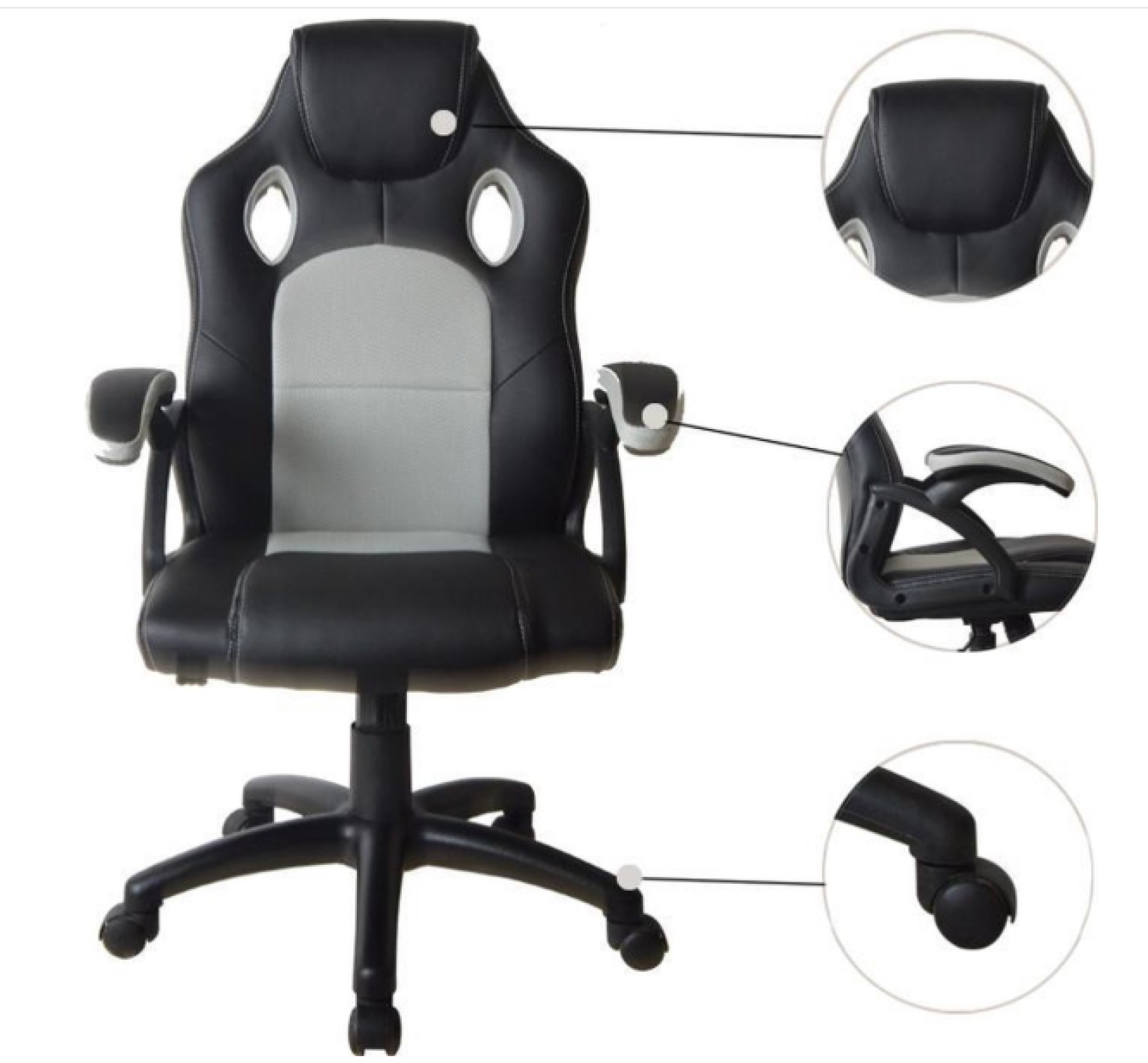 Ein schwarz-grauer Gaming-Stuhl mit weißen Akzenten, isoliert auf Weiß.