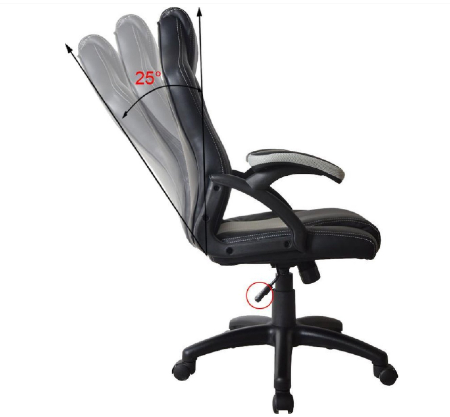 Ein schwarzer Gaming-Stuhl mit verstellbarer Rückenlehne, Seitenansicht, Neigungswinkel.