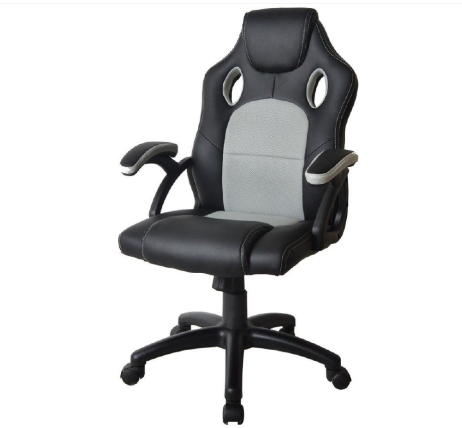 Ein schwarz-grauer Gaming-Stuhl auf weißem Hintergrund.