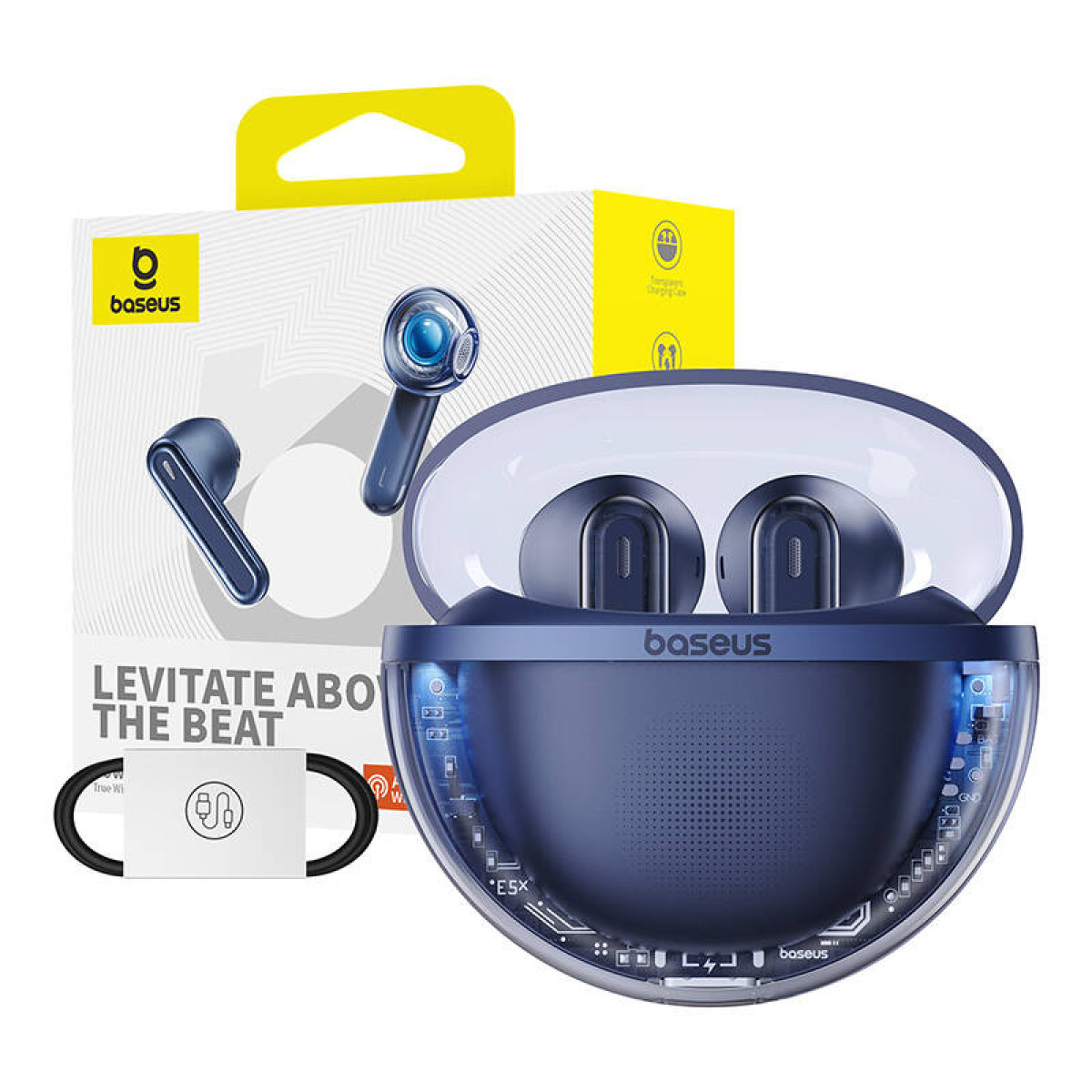 Ohrhörer in einem blauen Ladecase, mit einer weißen Box. Ohrhörer sind blau.