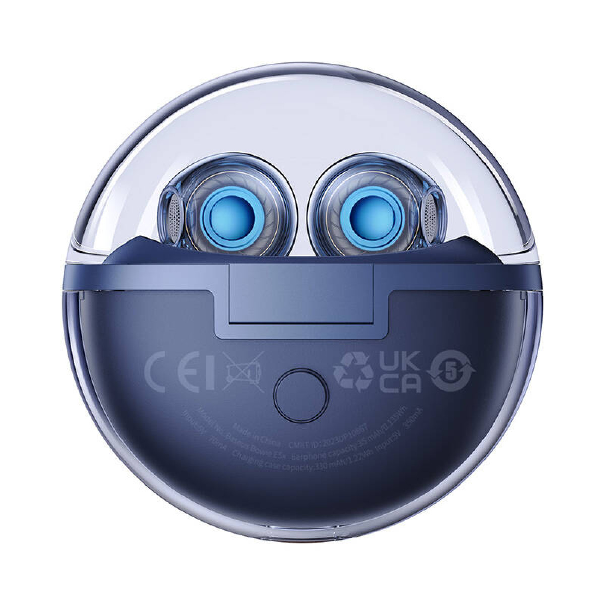 Słuchawki douszne w okrągłym etui. Widoczne niebieskie słuchawki, z oznaczeniami.