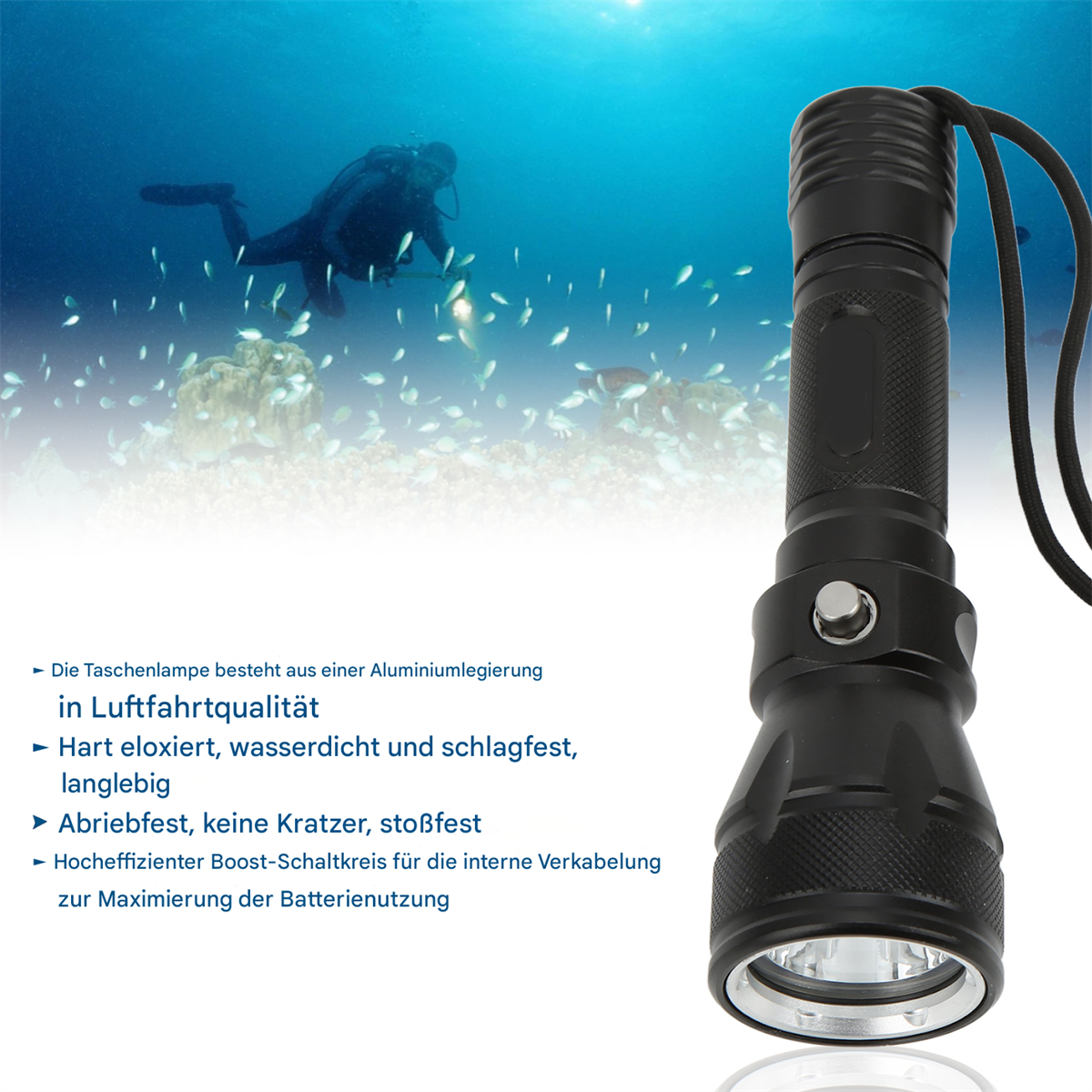 Schwarze Unterwasser-Taschenlampe mit Text über ihre Eigenschaften. Ein Taucher ist im Hintergrund sichtbar.