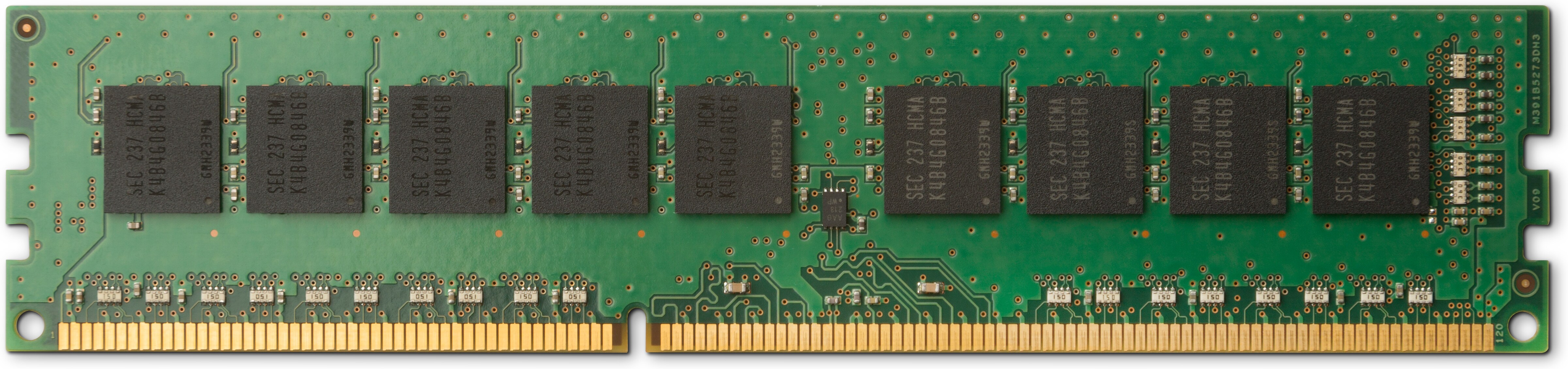 Stick di RAM verde per computer con connettori dorati. Presenta diversi chip neri e circuiti complessi.