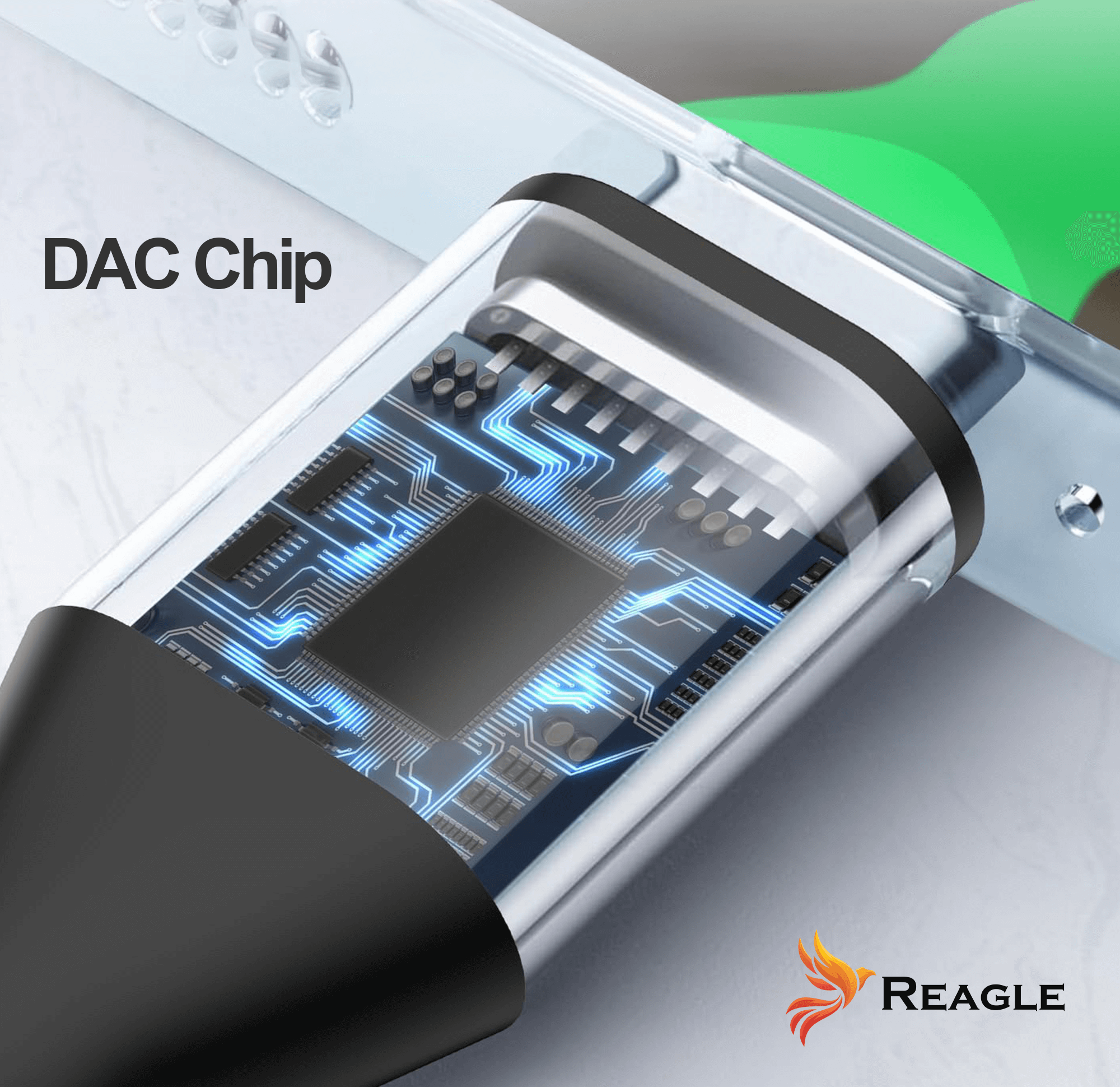 Zbliżenie kabla USB-C z chipem DAC. Niebieski projekt obwodu w przezroczystej obudowie.