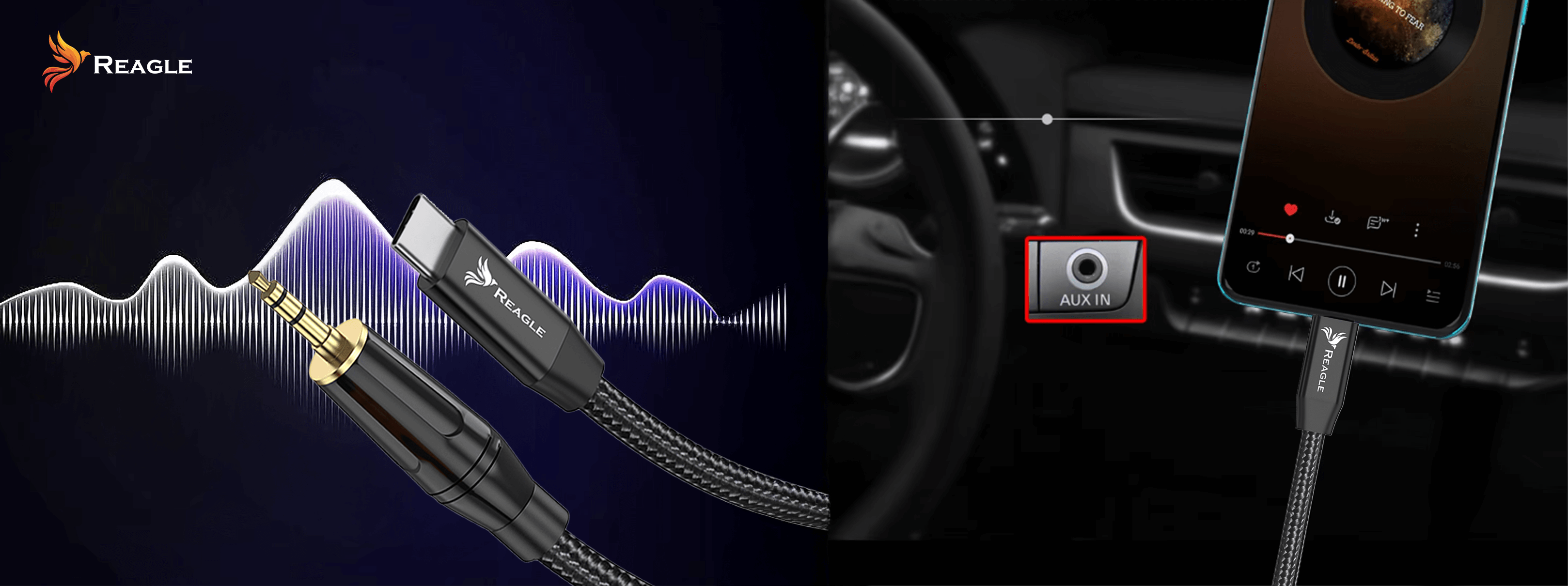 Czarny i złoty kabel audio z USB-C i jack 3,5 mm, na czarno-niebieskim tle.