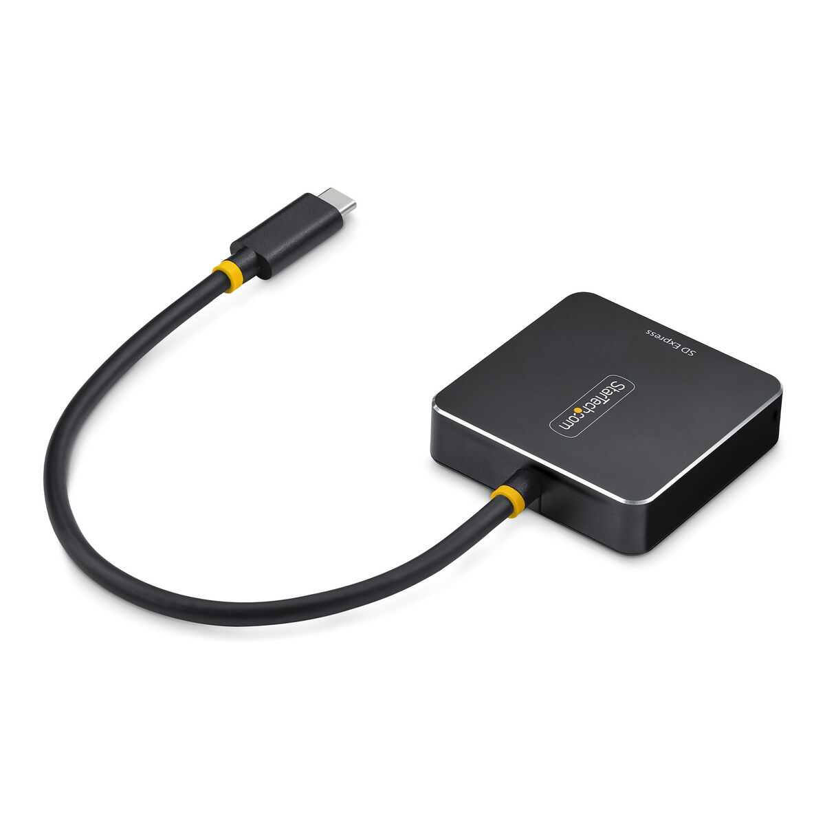 Lettore di schede SD nero con cavo USB-C. Accenti gialli.