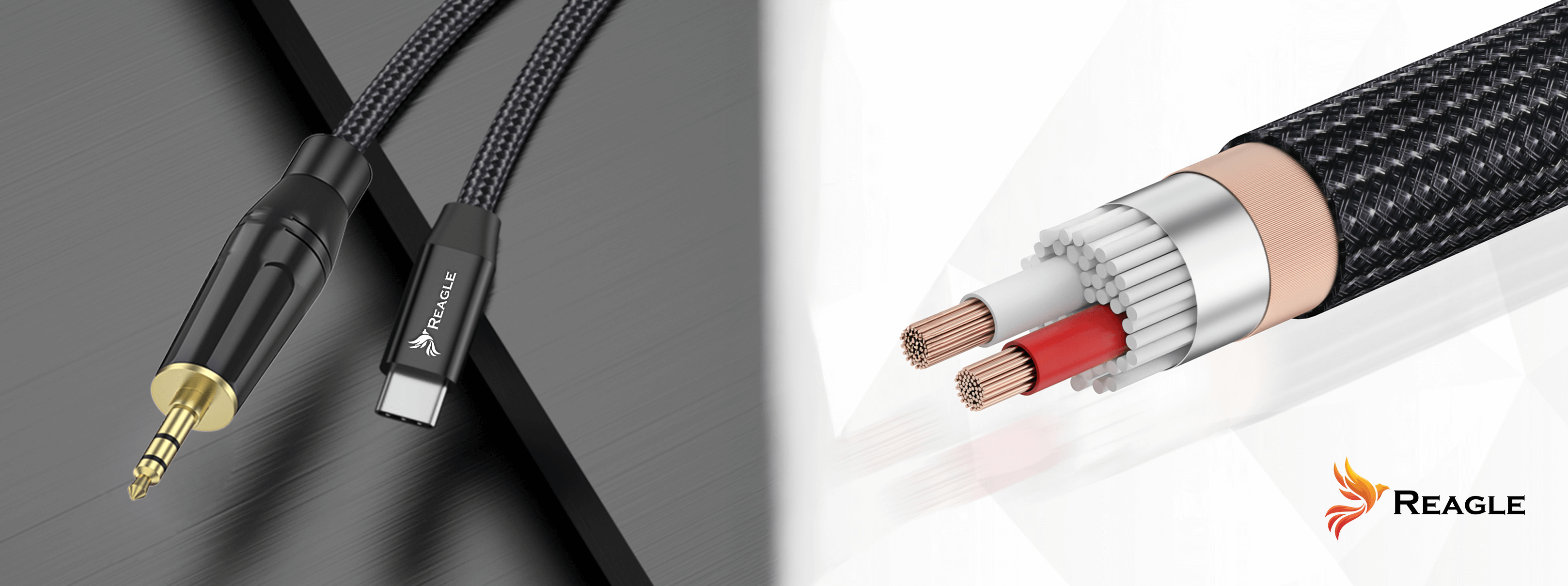 Dwa kable: jeden z wtyczką 3,5 mm, drugi z złączem USB-C. Logo Reagle po prawej.