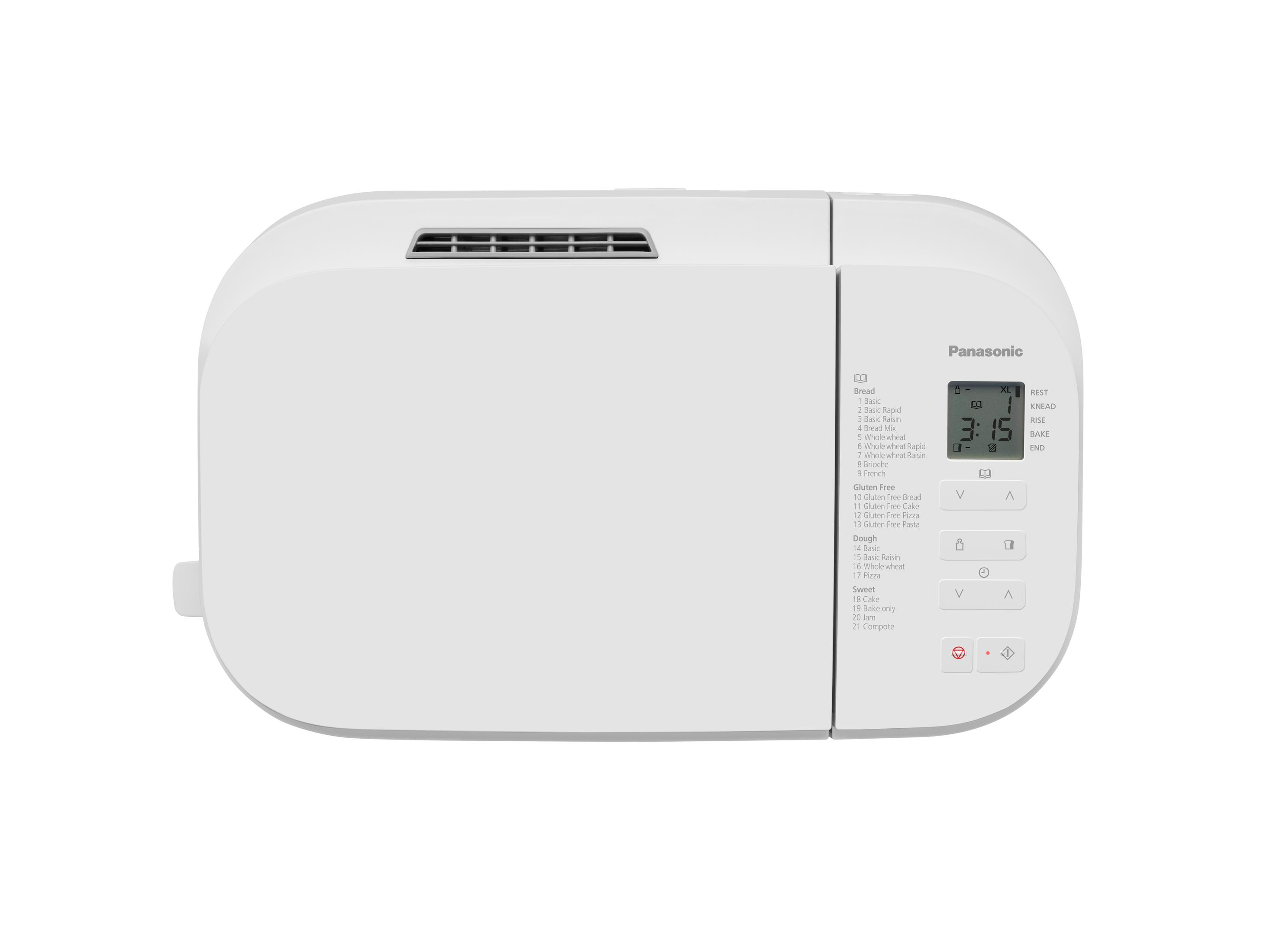 Witte broodbakmachine met een digitaal display. Het toont de tijd als 3:15. Knoppen zijn zichtbaar aan de rechterkant.