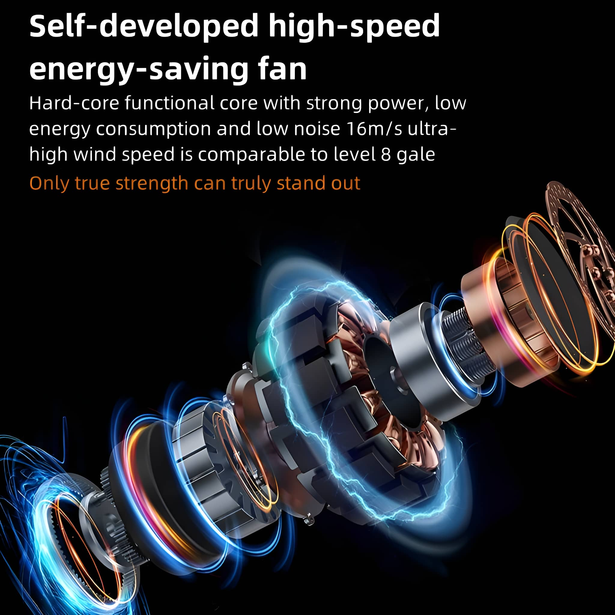 Ein Motorenbauteil mit Text über Leistung und Energiesparen.
