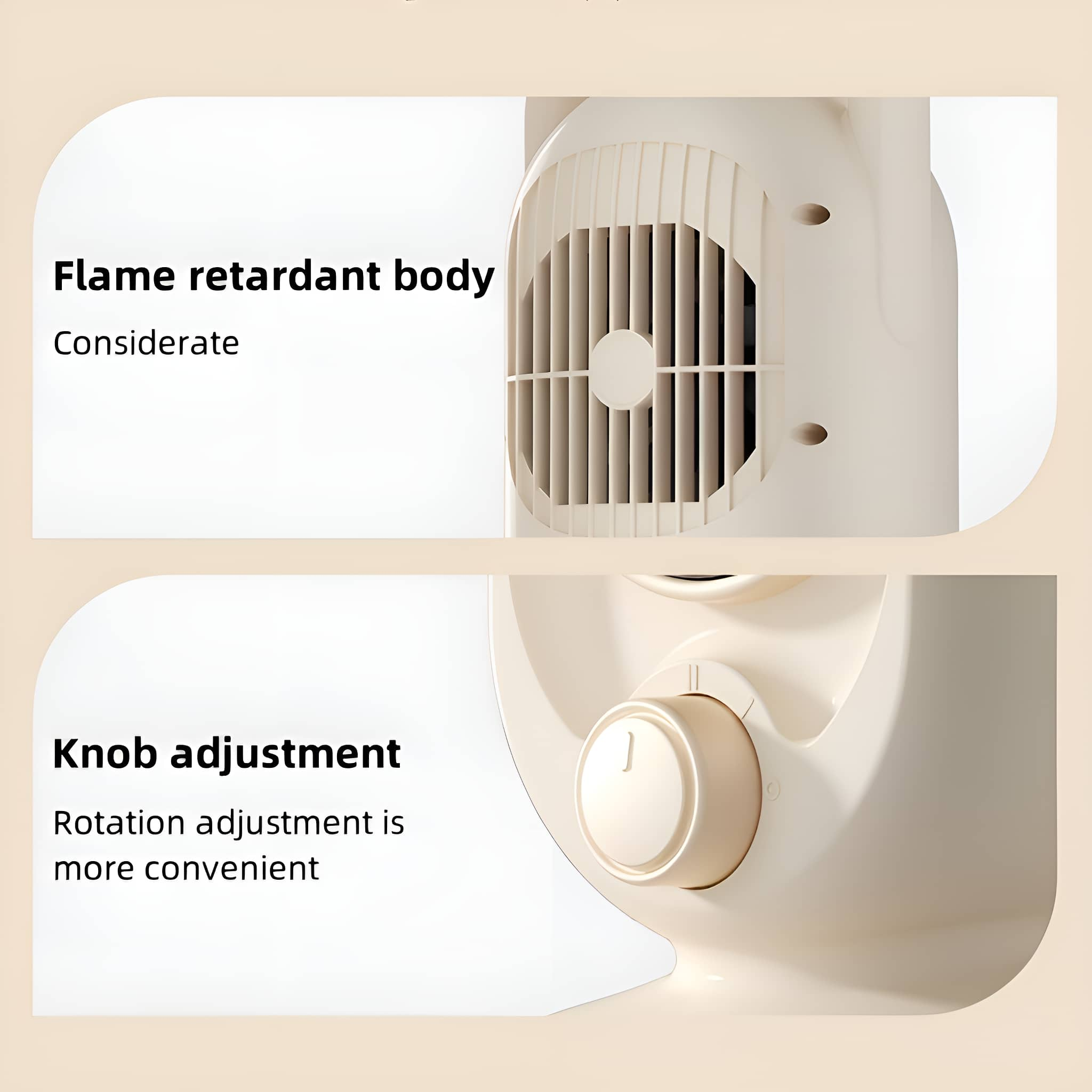 Nahaufnahme eines Ventilators. Der Text bezeichnet ihn als flammhemmenden Körper und Knopfeinstellung.