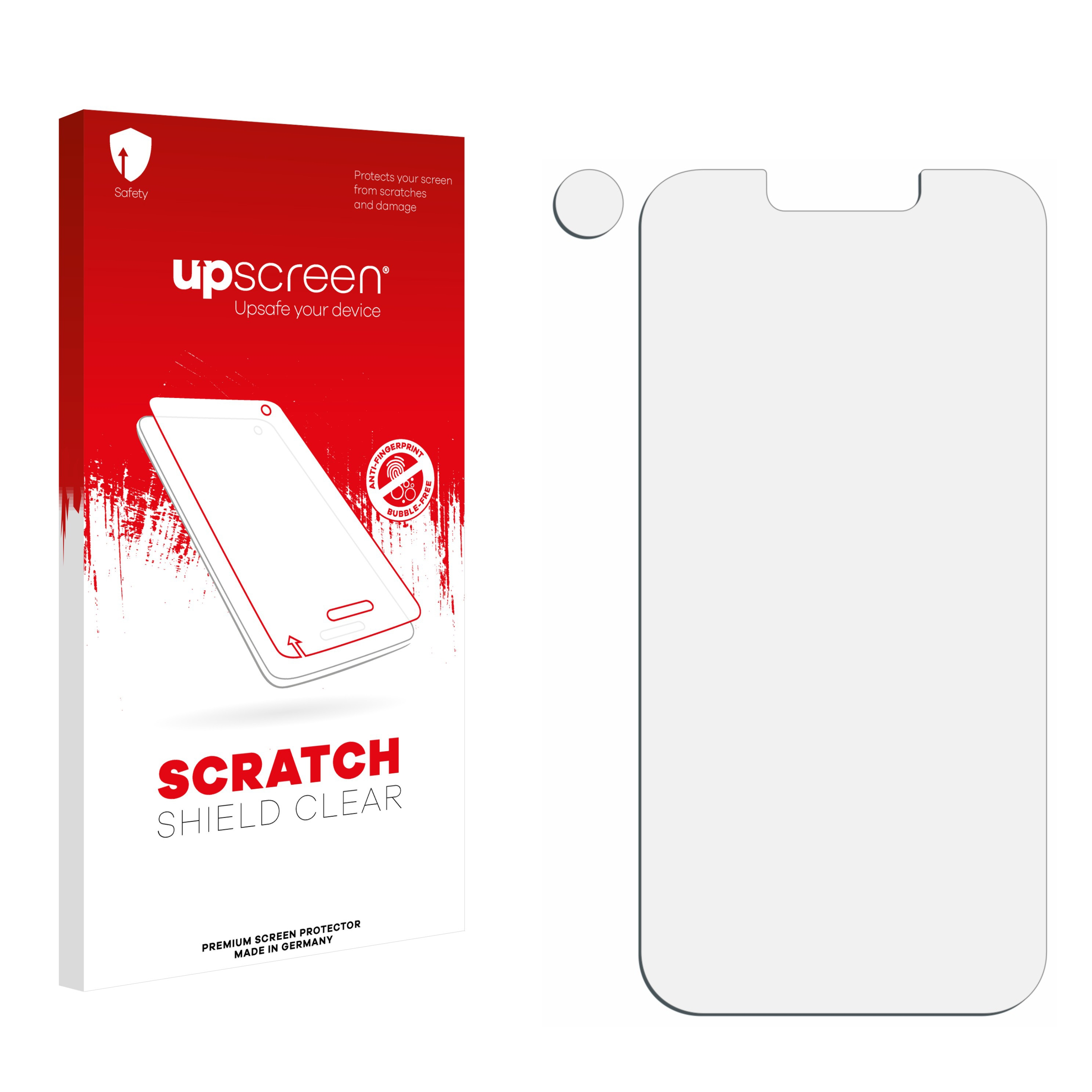 Eine rote Schachtel und eine transparente Displayschutzfolie. Auf der Schachtel steht "SCRATCH SHIELD CLEAR".