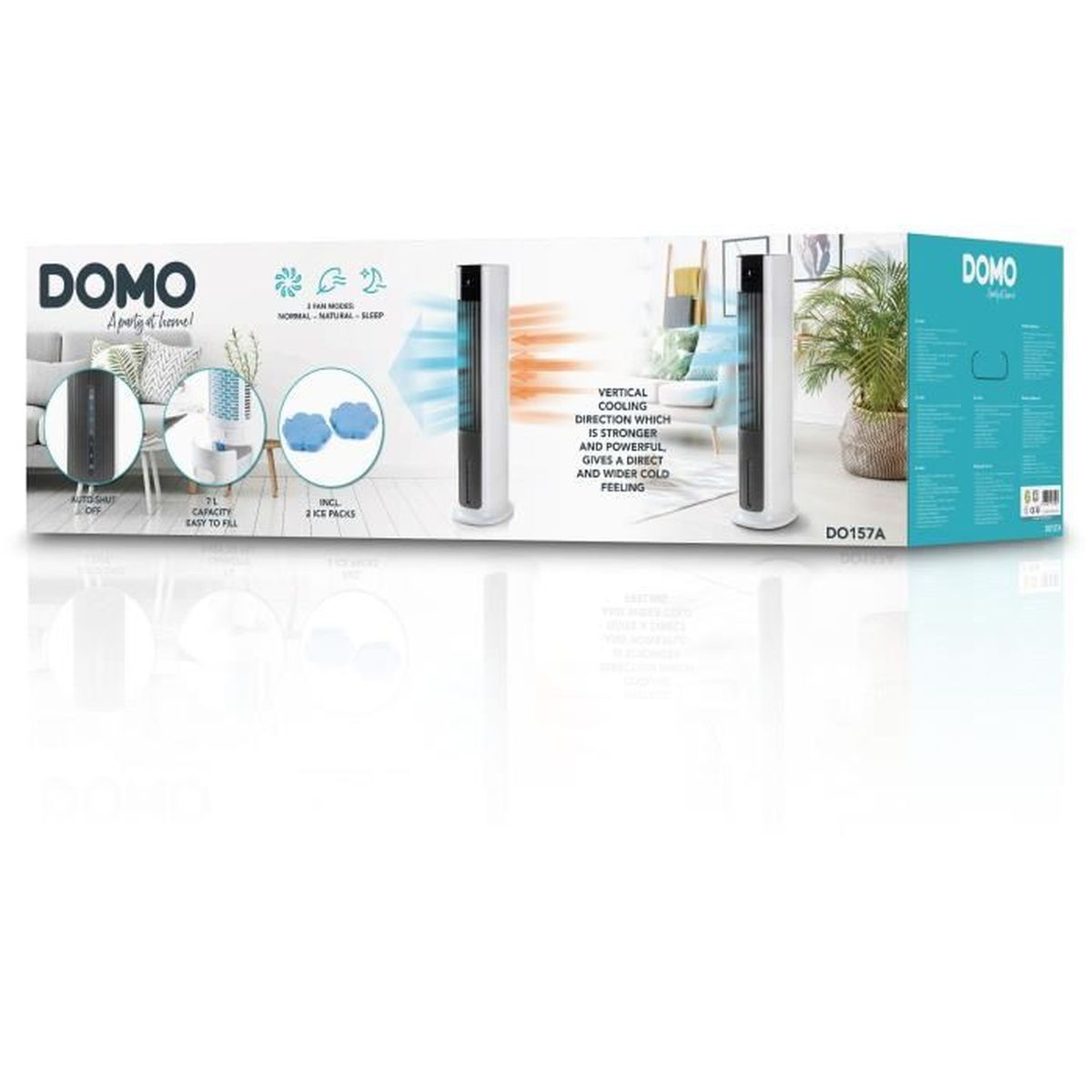 Ein weißer und schwarzer Ventilatorturm mit einer Box mit einem Ventilator, Kühlakkus und Pflanzen.