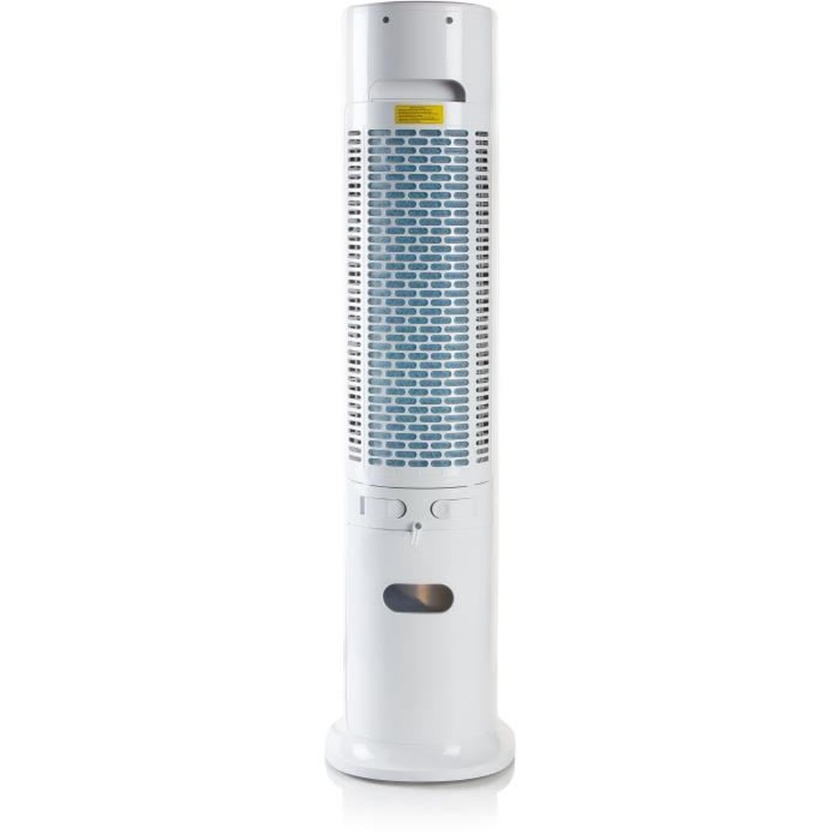 Ein hoher, weißer Turmventilator auf weißem Hintergrund. Er hat Lüftungsschlitze und Bedienelemente.