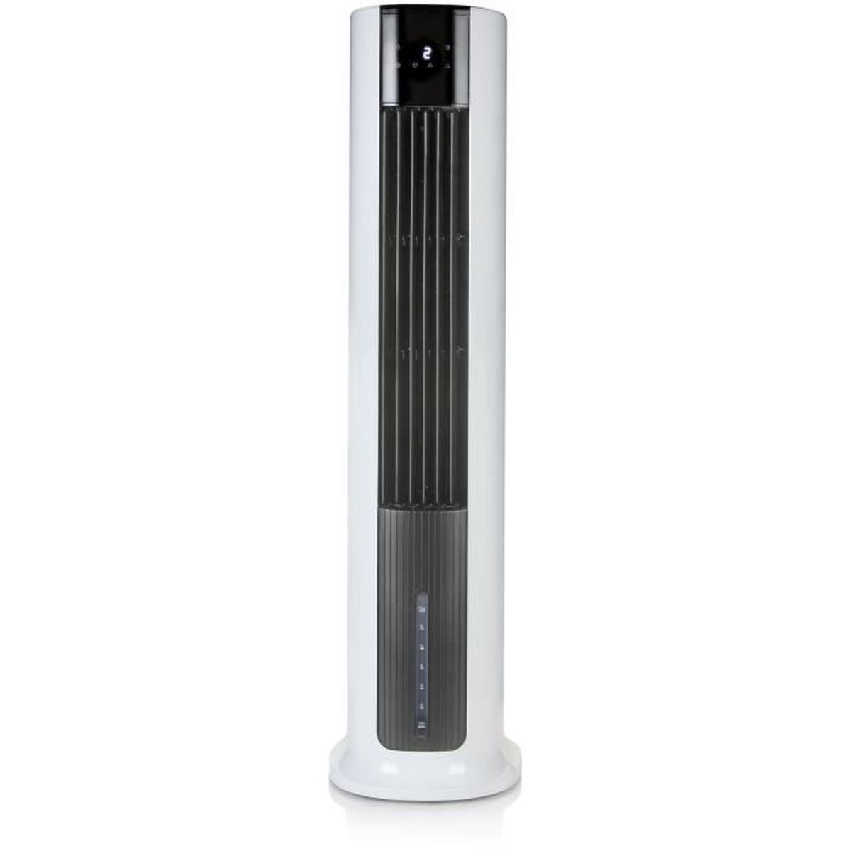 Ein hoher weißer Ventilator mit schwarzen vertikalen Lüftungsschlitzen. Der Ventilator hat eine Digitalanzeige.
