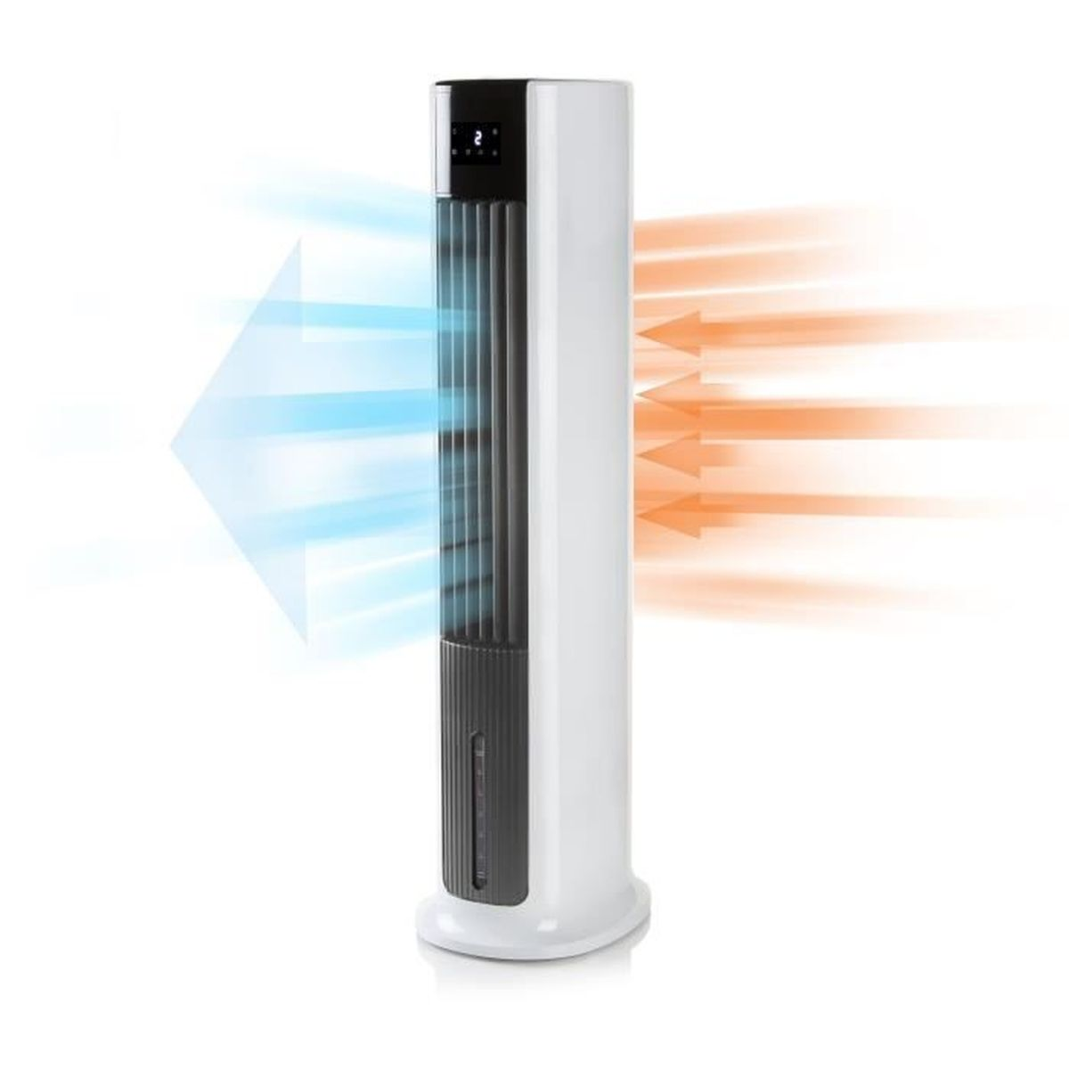Weißer Turmventilator mit blauen und orangefarbenen Pfeilen, die die Luftstromrichtungen anzeigen.