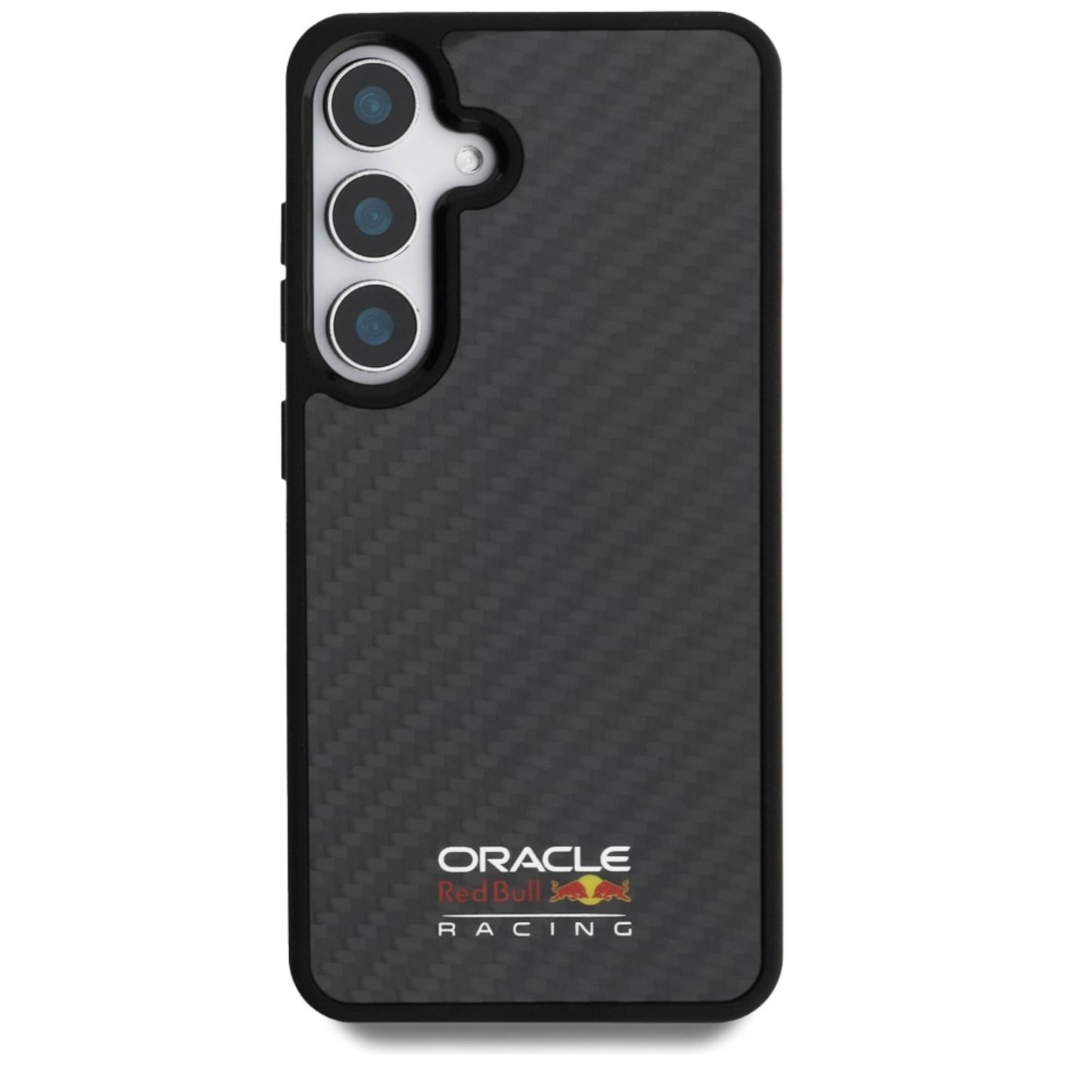 Eine schwarze Handyhülle mit Karbonfaser-Design und Red Bull Racing Logo.