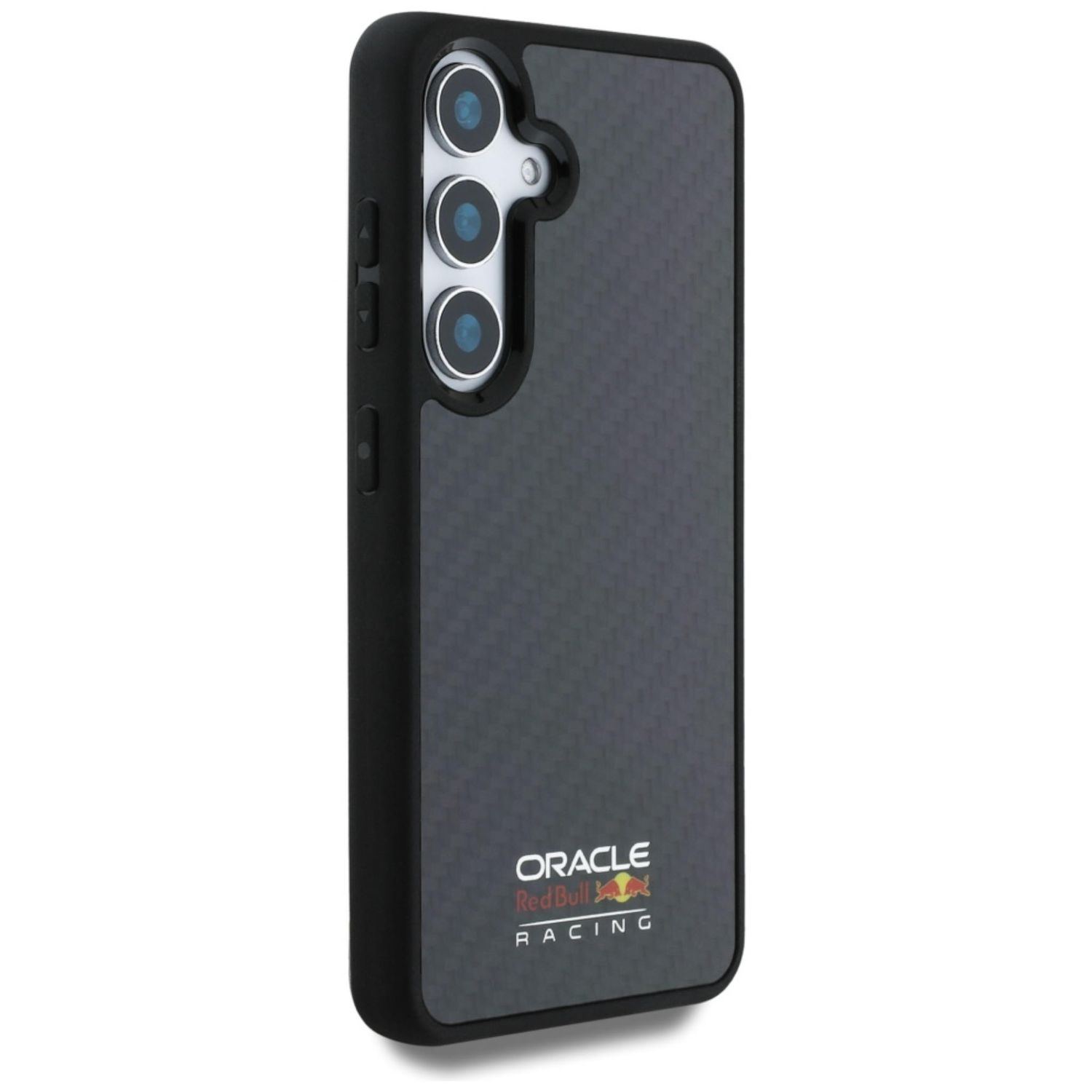 Eine schwarze Handyhülle mit Carbonfasertextur und Oracle Red Bull Racing Logo.