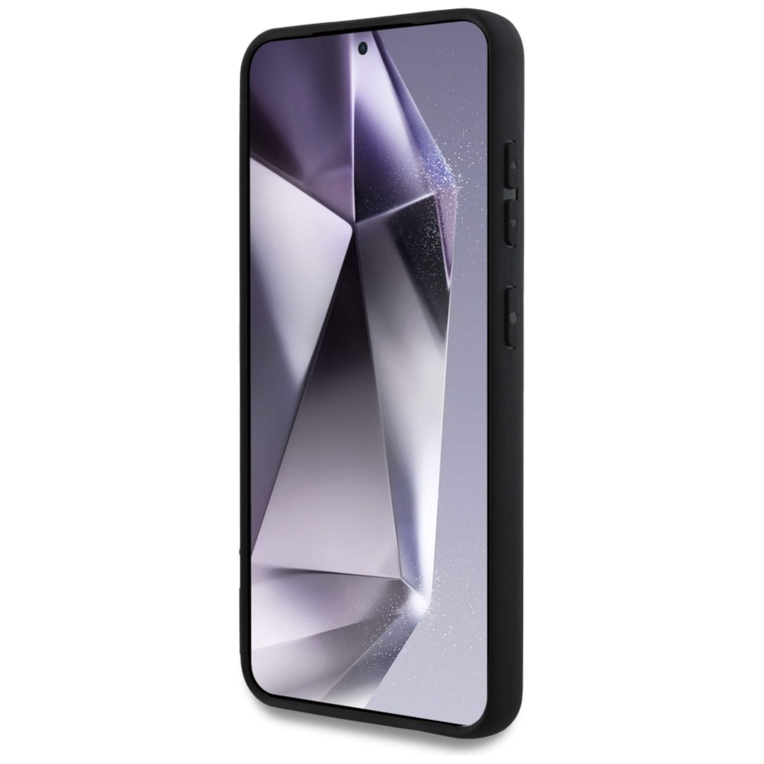 Schwarzes Telefon in einer Hülle, das ein geometrisches Design auf dem Bildschirm zeigt.