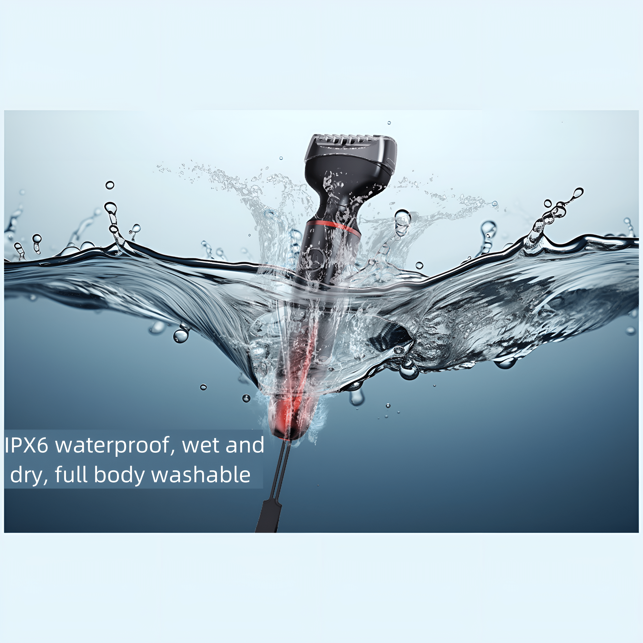 Schwarz-roter Elektrorasierer im Wasser, Spritzer. Text: IPX6 wasserdicht, nass und trocken.