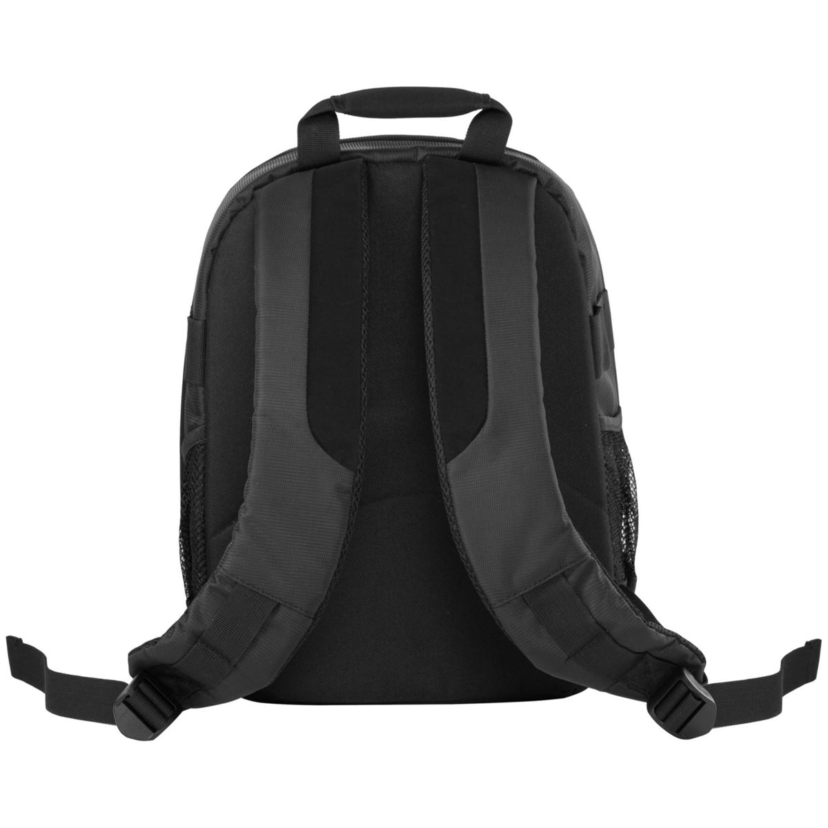 Schwarzer Rucksack mit gepolsterten Trägern und einem Griff. Netztaschen an den Seiten.