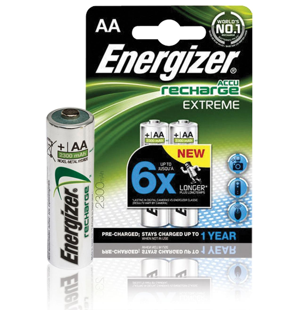 Akumulatory Energizer AA i opakowanie. Opakowanie jest biało-czarne z tekstem i obrazami.