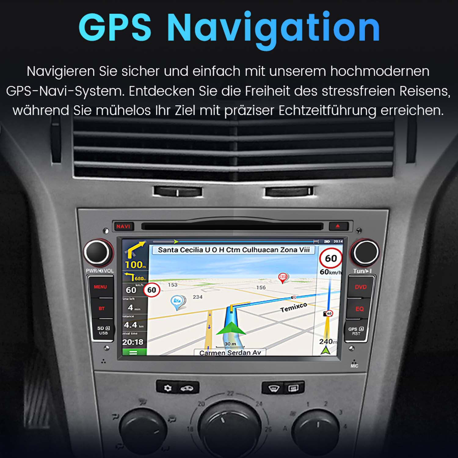 Deska rozdzielcza samochodu z ekranem nawigacji GPS pokazującym mapę i prędkość. Przyciski i elementy.