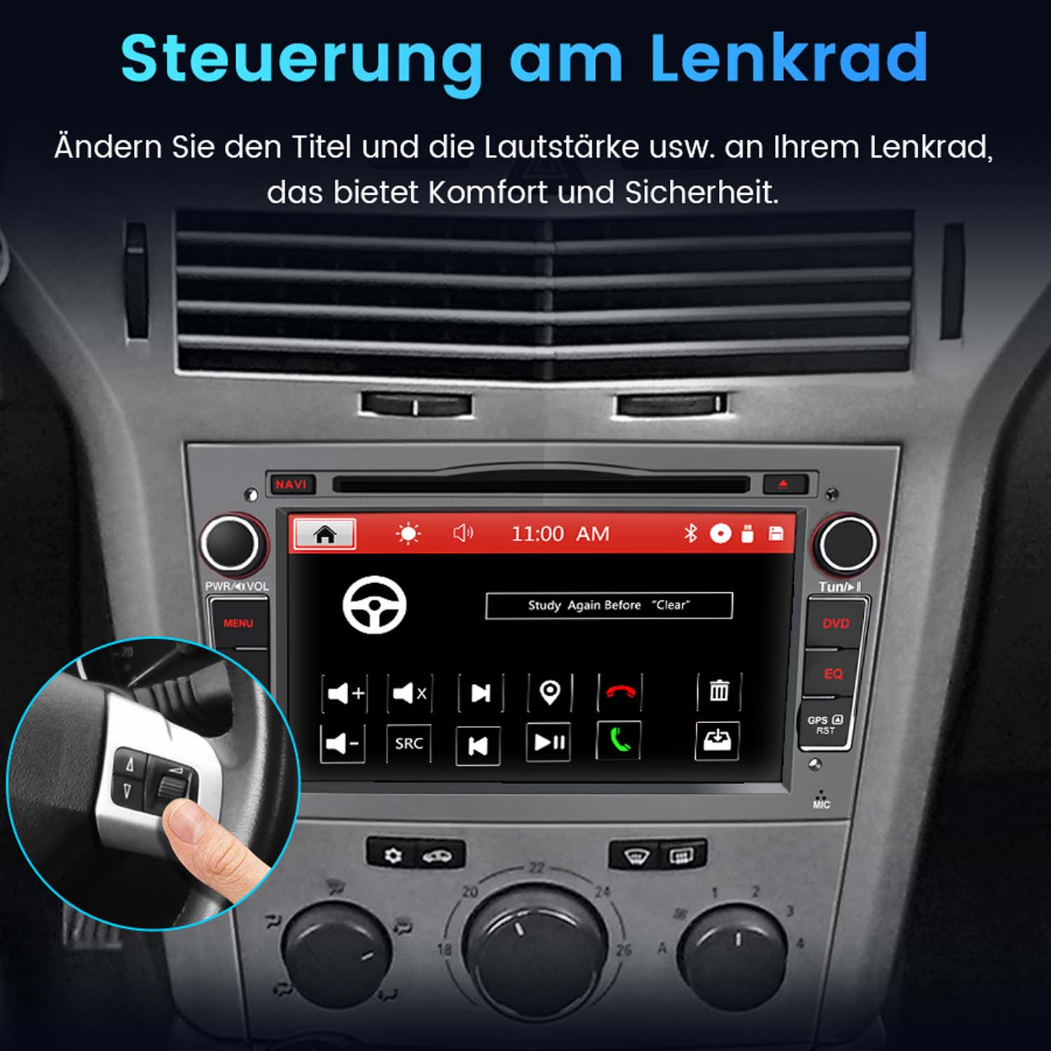 Radio samochodowe z ręką na kierownicy. Tekst na ekranie po niemiecku. Srebrna deska rozdzielcza.