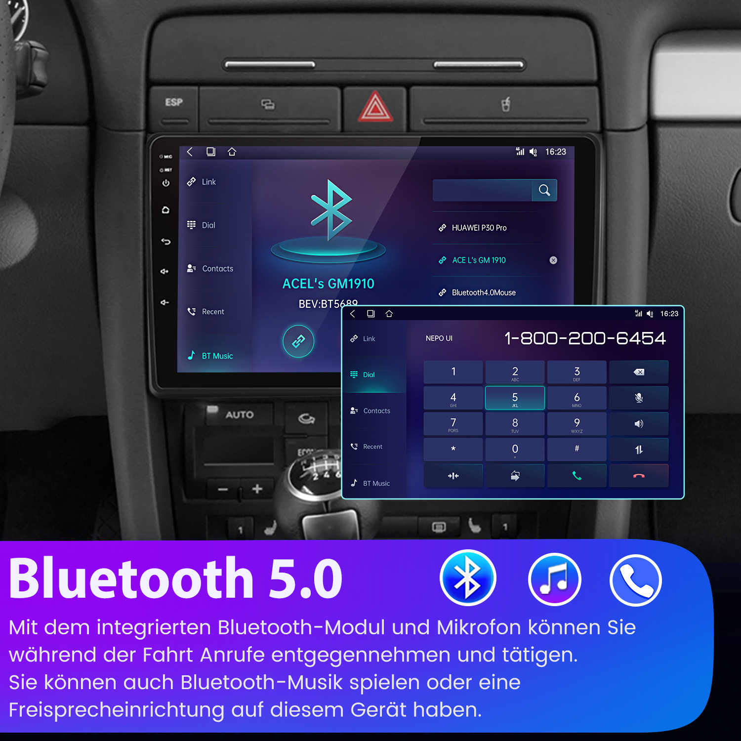 Ein Autoradiobildschirm, der eine Wählschnittstelle mit einem Bluetooth 5.0-Logo anzeigt.