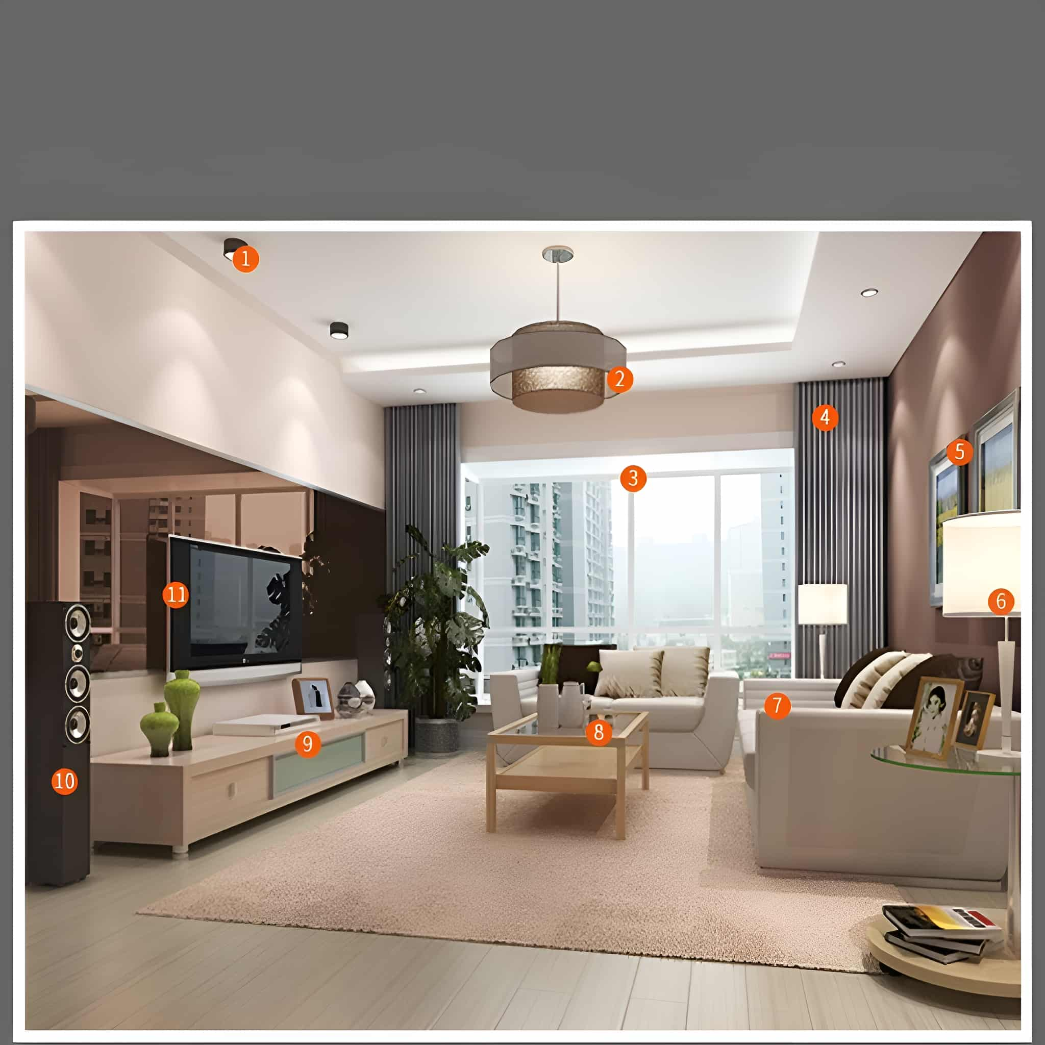 Ein modernes Wohnzimmer mit Sofa, Fernseher und Dekoration. Der Raum hat große Fenster und ein neutrales Farbschema.