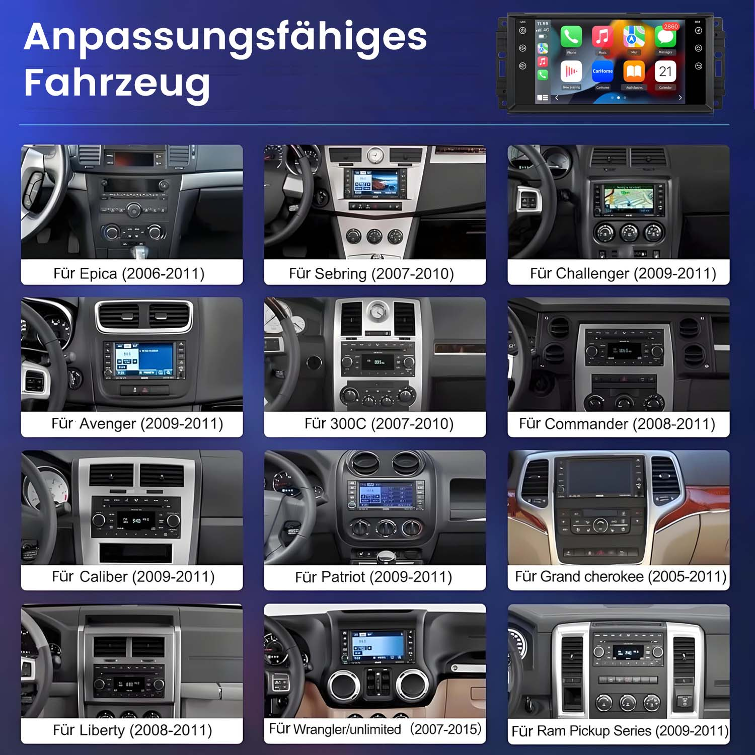Wyświetlacze deski rozdzielczej samochodu. Teksty: Anpassungsfähiges Fahrzeug, Für Epica...