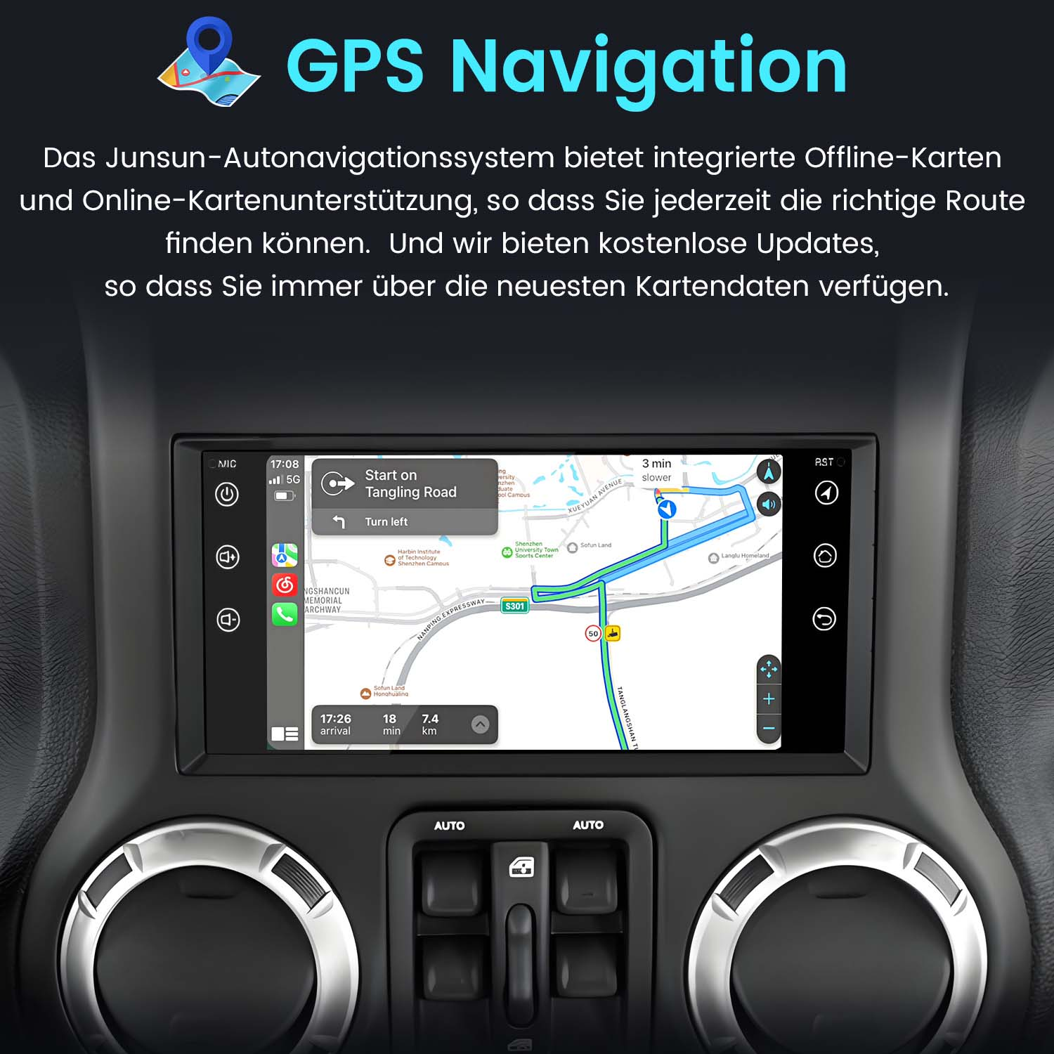 Ekran nawigacji GPS w desce rozdzielczej samochodu. Ekran pokazuje mapę i szczegóły nawigacji.