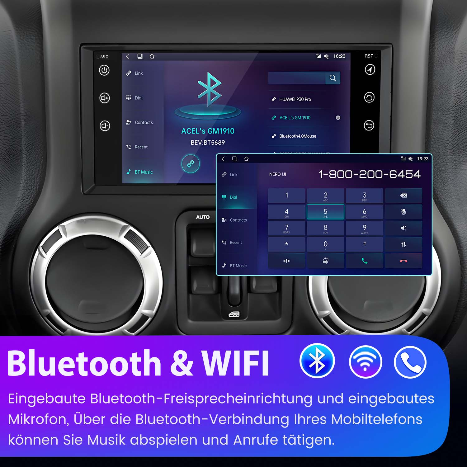Ekran systemu multimedialnego w samochodzie pokazujący szczegóły Bluetooth i WiFi. Interfejs i numer.
