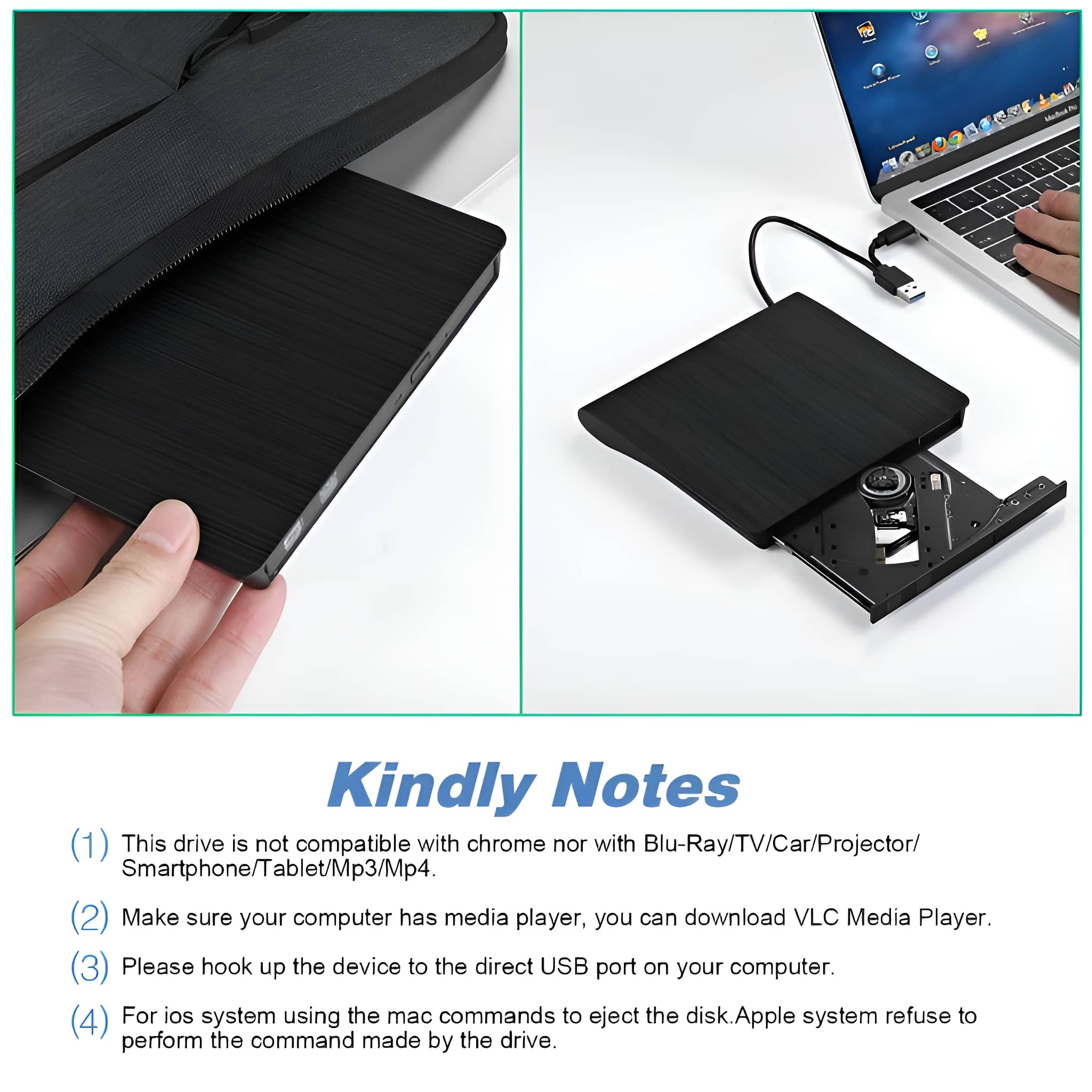 Zwei Bilder zeigen ein schwarzes externes DVD-Laufwerk und einen Laptop mit angeschlossenem USB-Kabel.