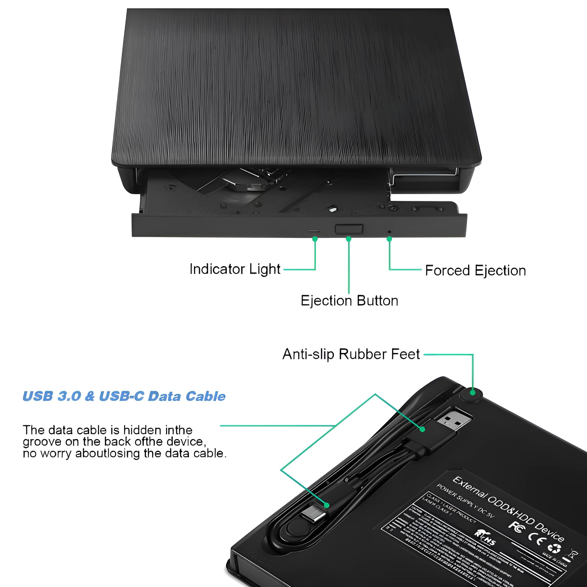 Externes CD/HDD-Gerät, schwarz, mit Etiketten und offenem Fach, und Kabel.