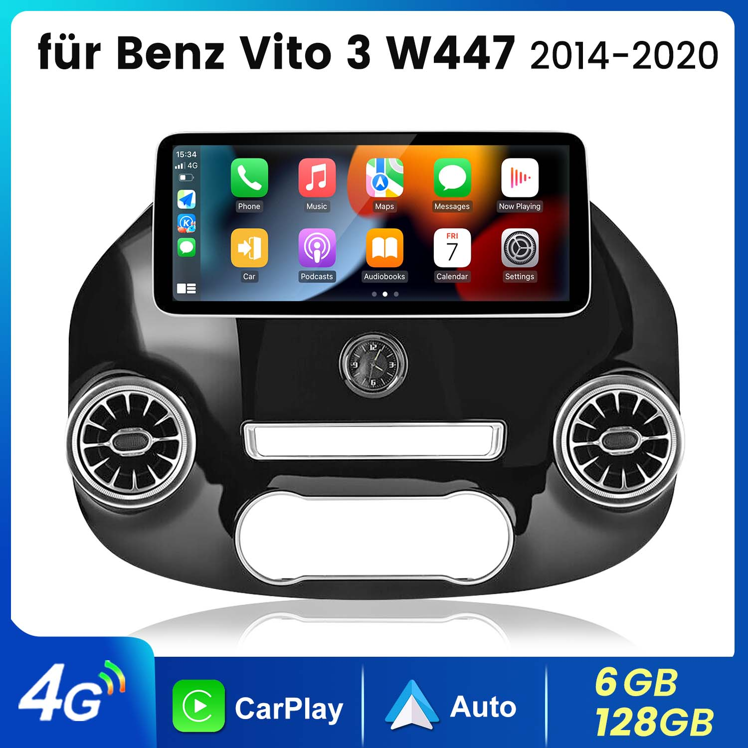 Ein Auto-Multimediasystem mit einem Display, das Apps wie Telefon, Musik, Karten und Kalender anzeigt, in einem schwarzen Panel.
