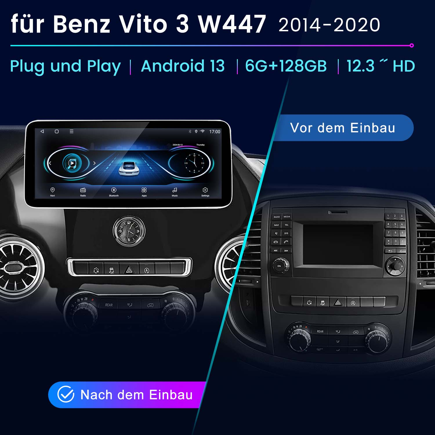 Armaturenbrett eines Autos mit einem Bildschirm, der eine Karte anzeigt, und einer nachgerüsteten Anzeigeeinheit.