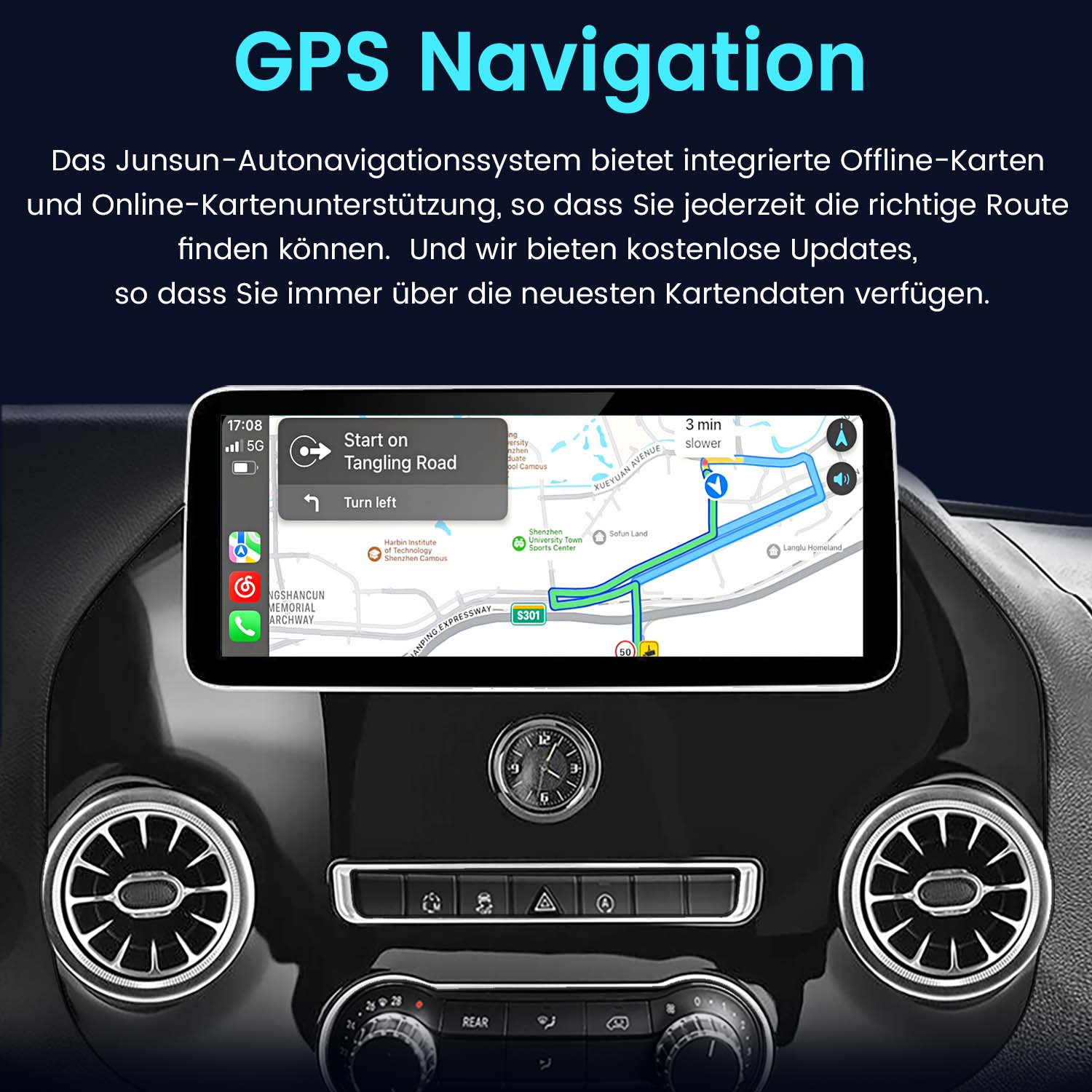 Auto-Armaturenbrett mit Navigationsbildschirm. Karte zeigt Route. Zeitanzeige, 5G und Kartendetails.